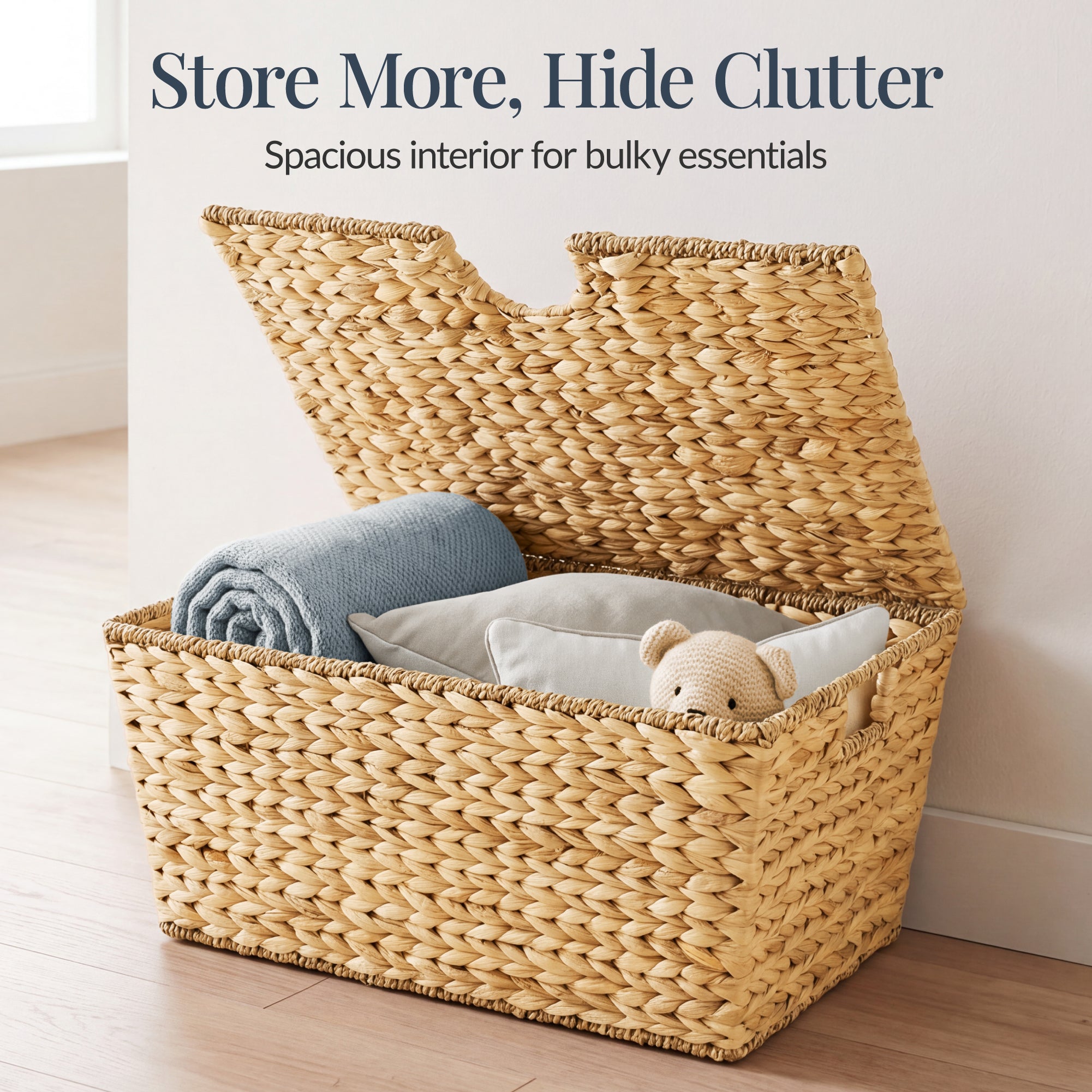 Set of 2 X-Large & Medium Woven Storage Baskets, Bins W/Lids & Handles