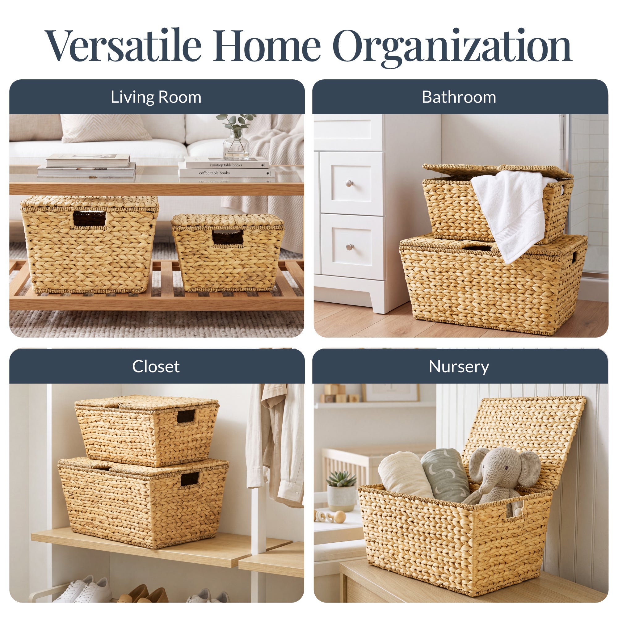 Set of 2 X-Large & Medium Woven Storage Baskets, Bins W/Lids & Handles