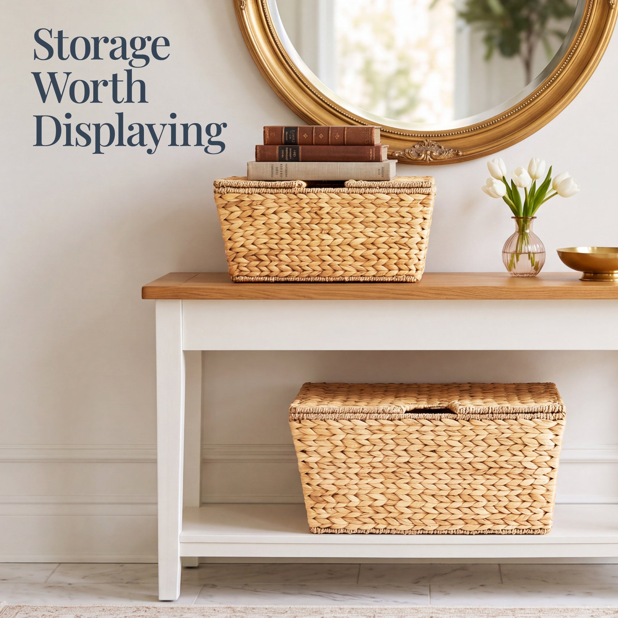 Set of 2 X-Large & Medium Woven Storage Baskets, Bins W/Lids & Handles