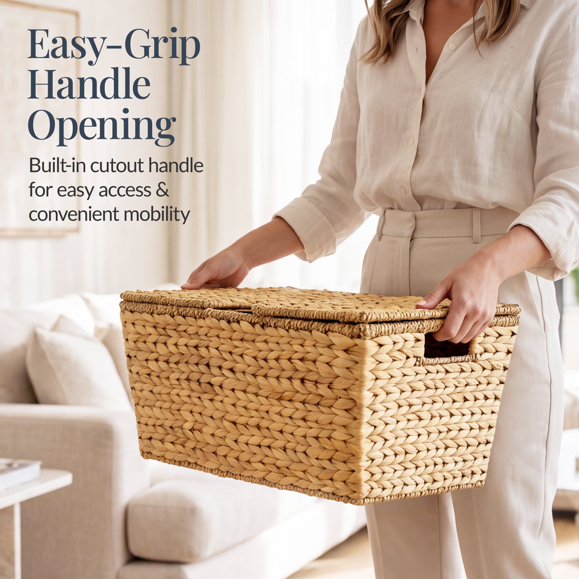 Set of 2 X-Large & Medium Woven Storage Baskets, Bins W/Lids & Handles