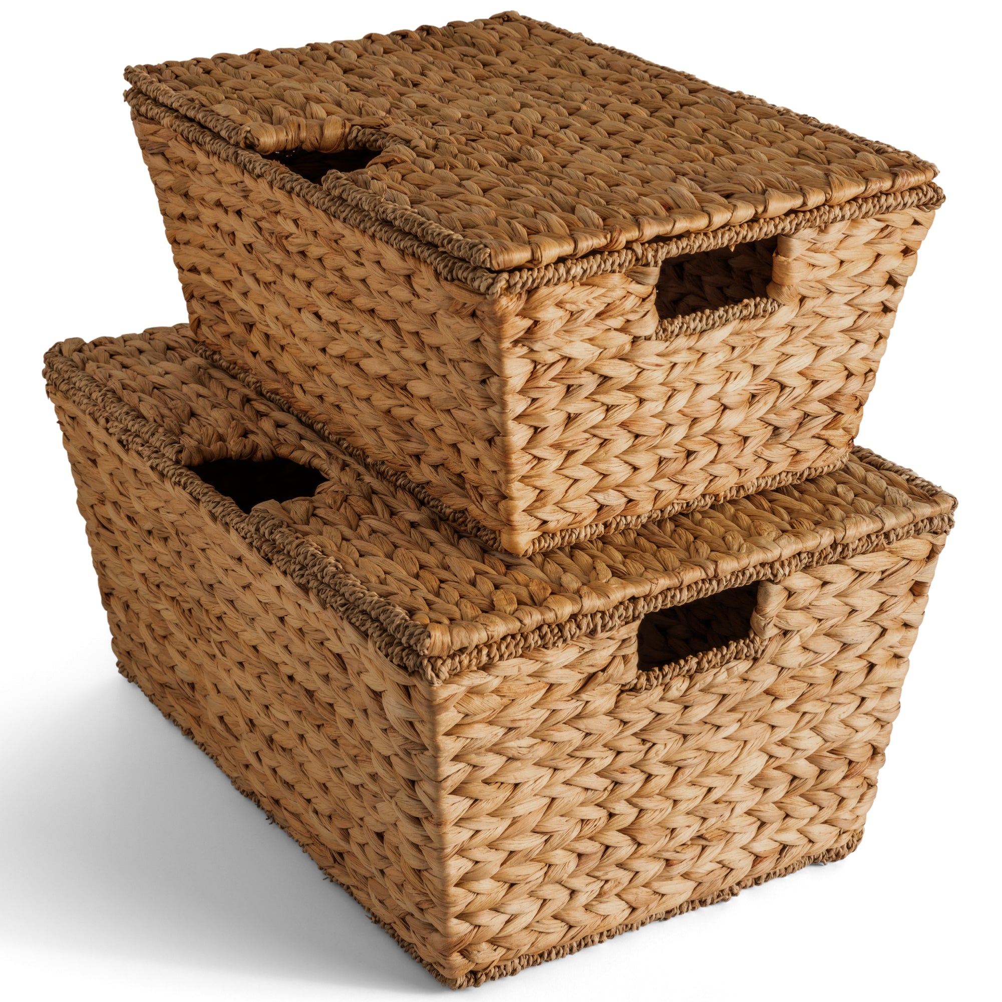 Set of 2 X-Large & Medium Woven Storage Baskets, Bins W/Lids & Handles