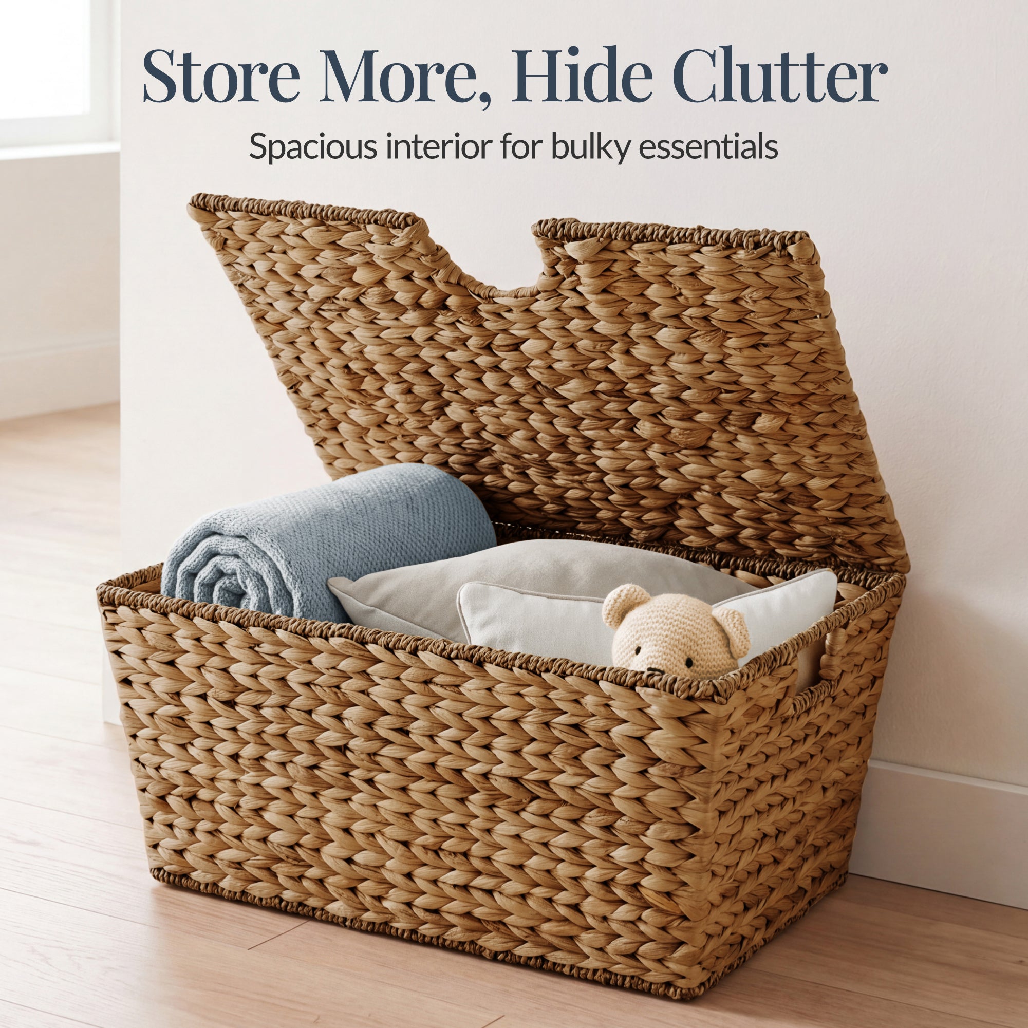 Set of 2 X-Large & Medium Woven Storage Baskets, Bins W/Lids & Handles