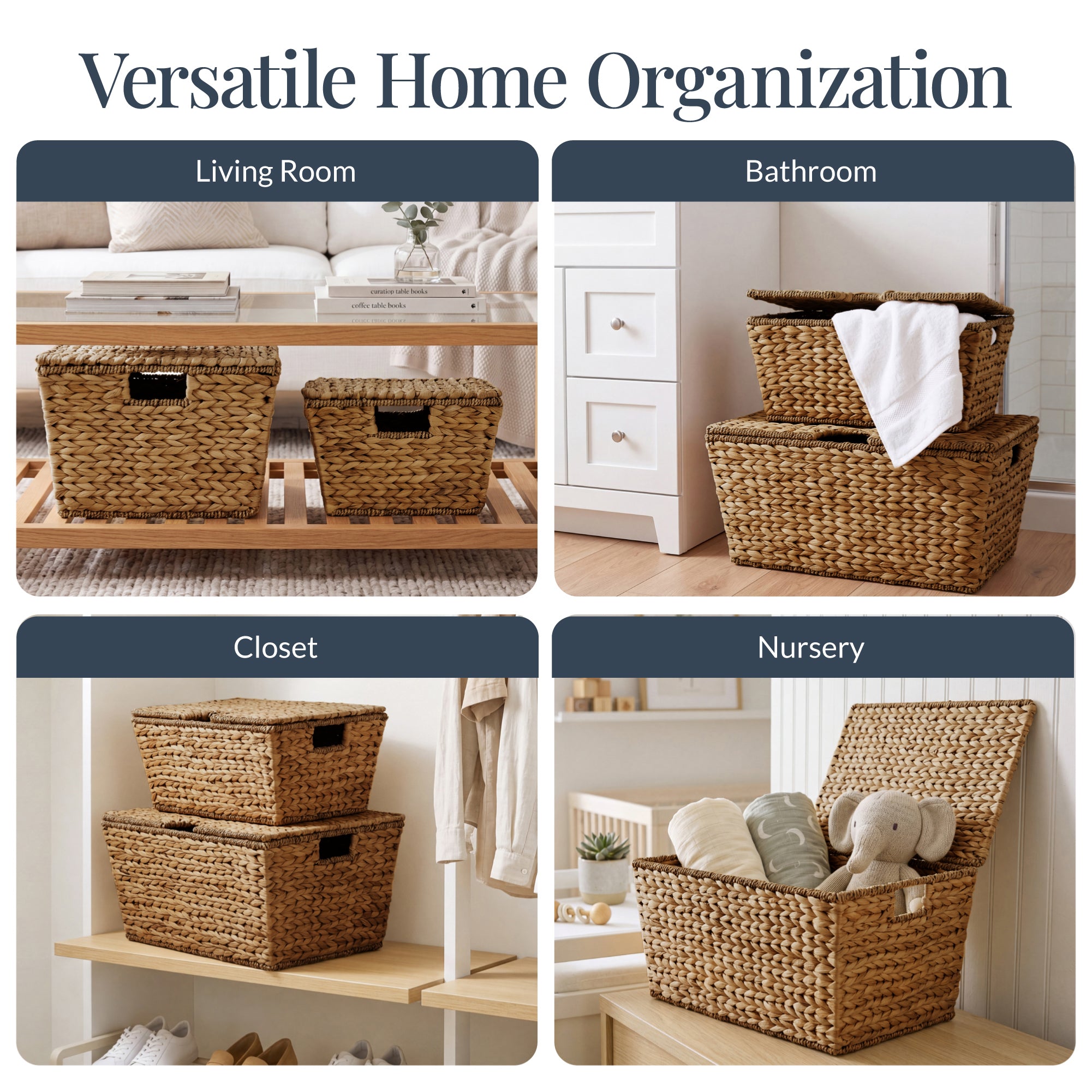 Set of 2 X-Large & Medium Woven Storage Baskets, Bins W/Lids & Handles