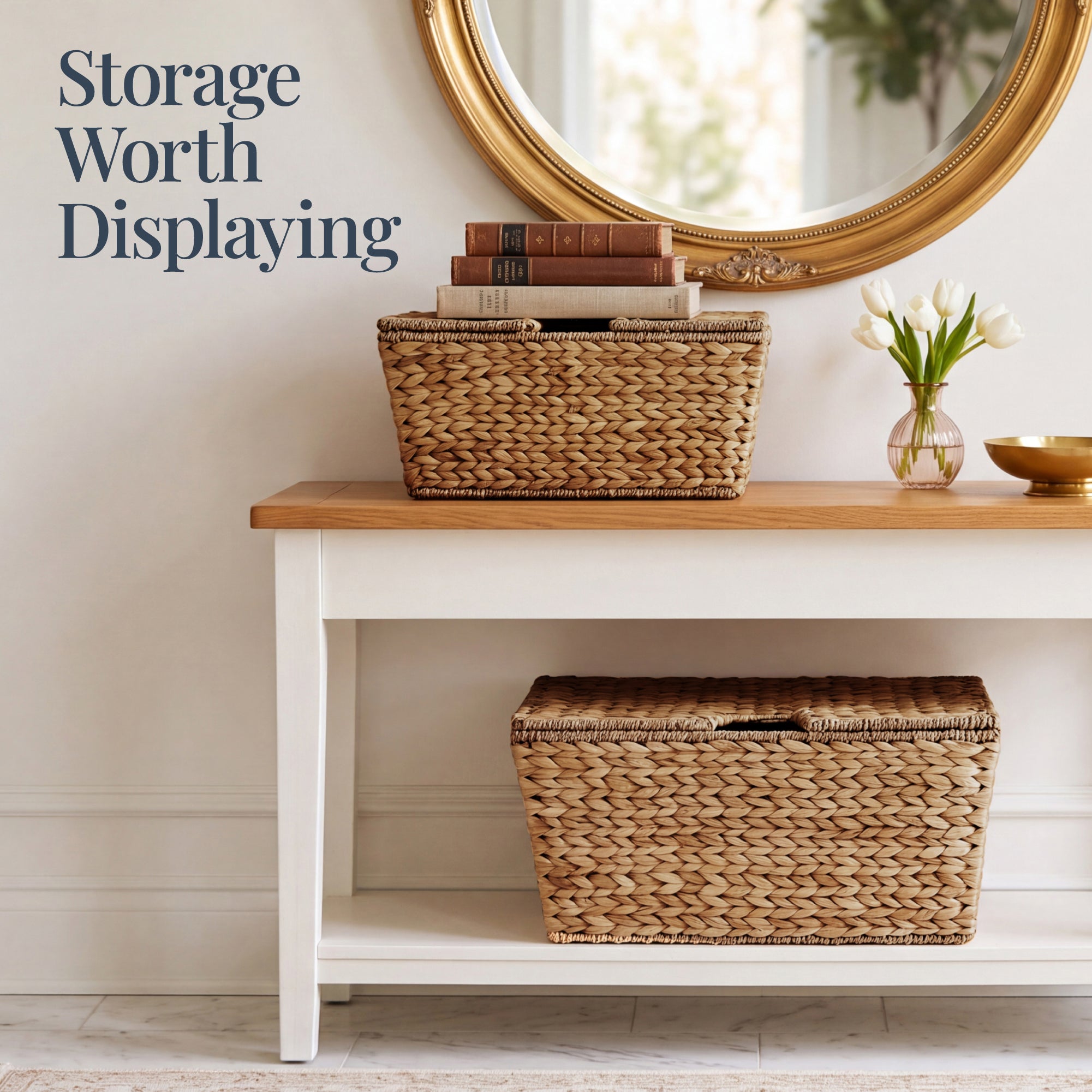 Set of 2 X-Large & Medium Woven Storage Baskets, Bins W/Lids & Handles
