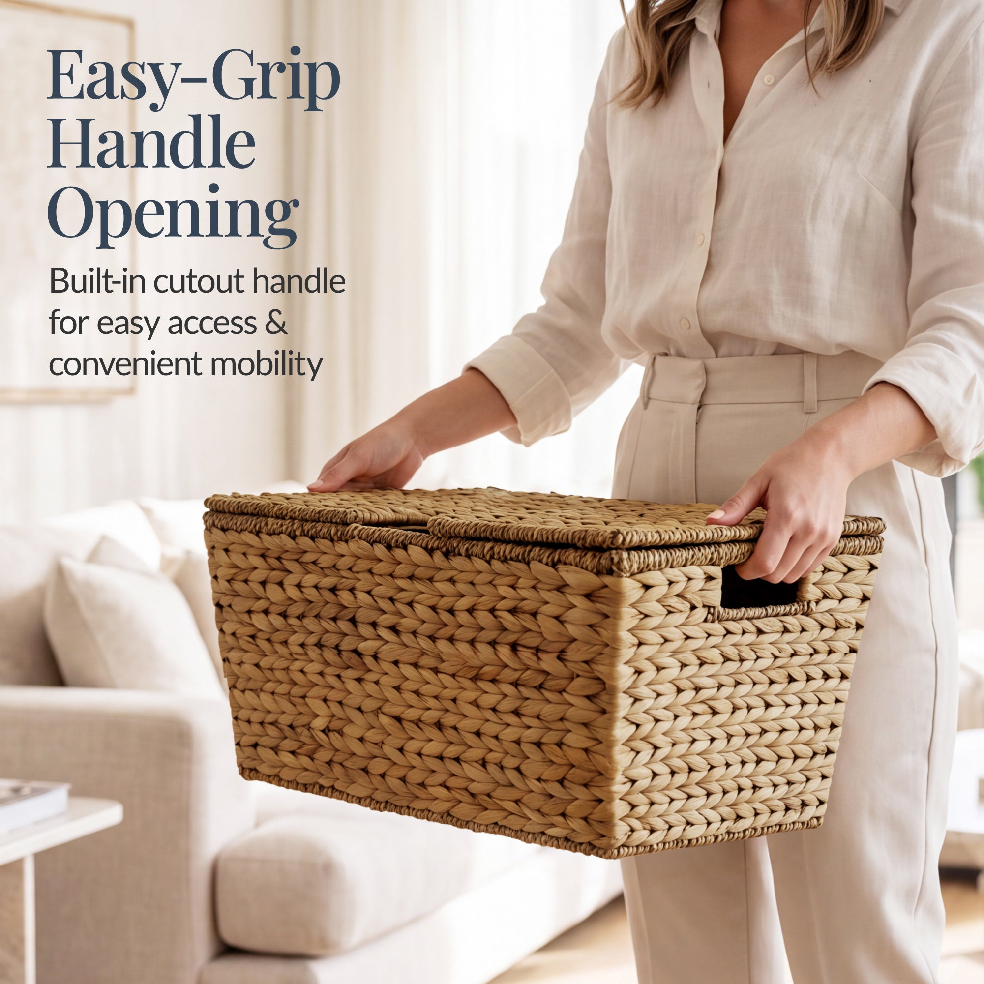 Set of 2 X-Large & Medium Woven Storage Baskets, Bins W/Lids & Handles