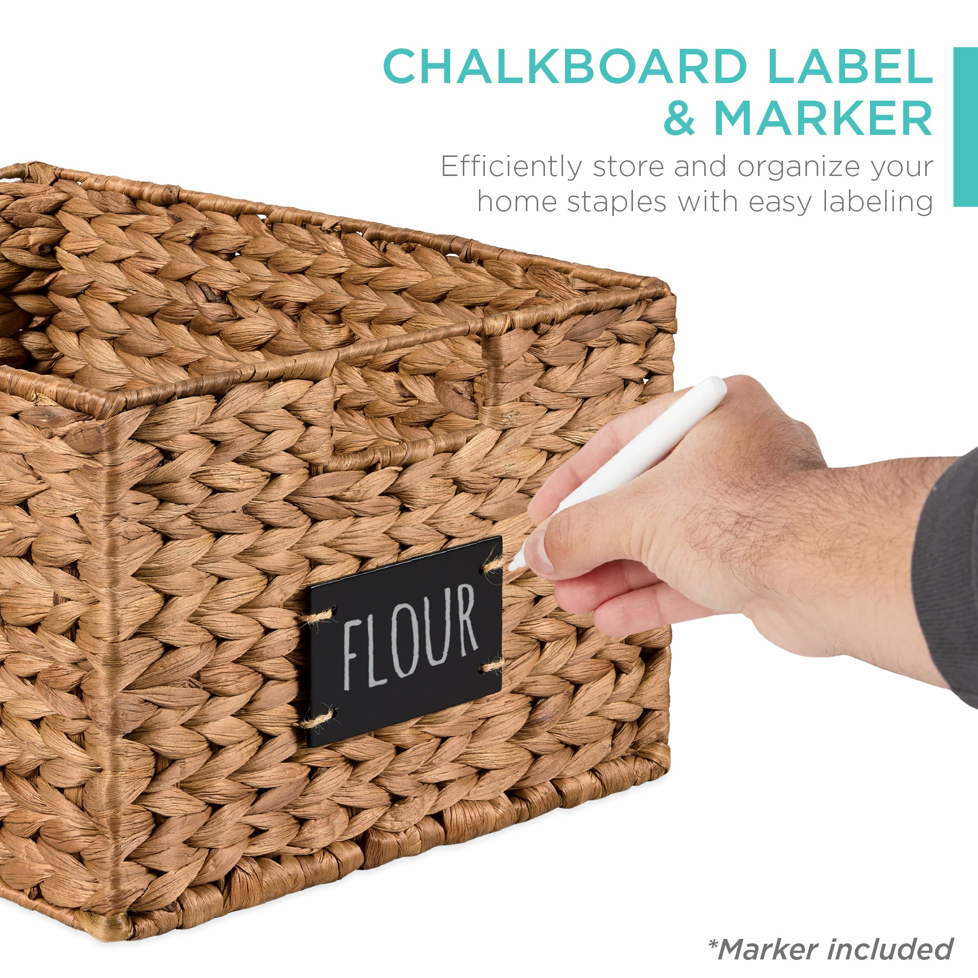 Set of 2 Water Hyacinth Pantry Baskets w/ Chalkboard, Marker - 16in