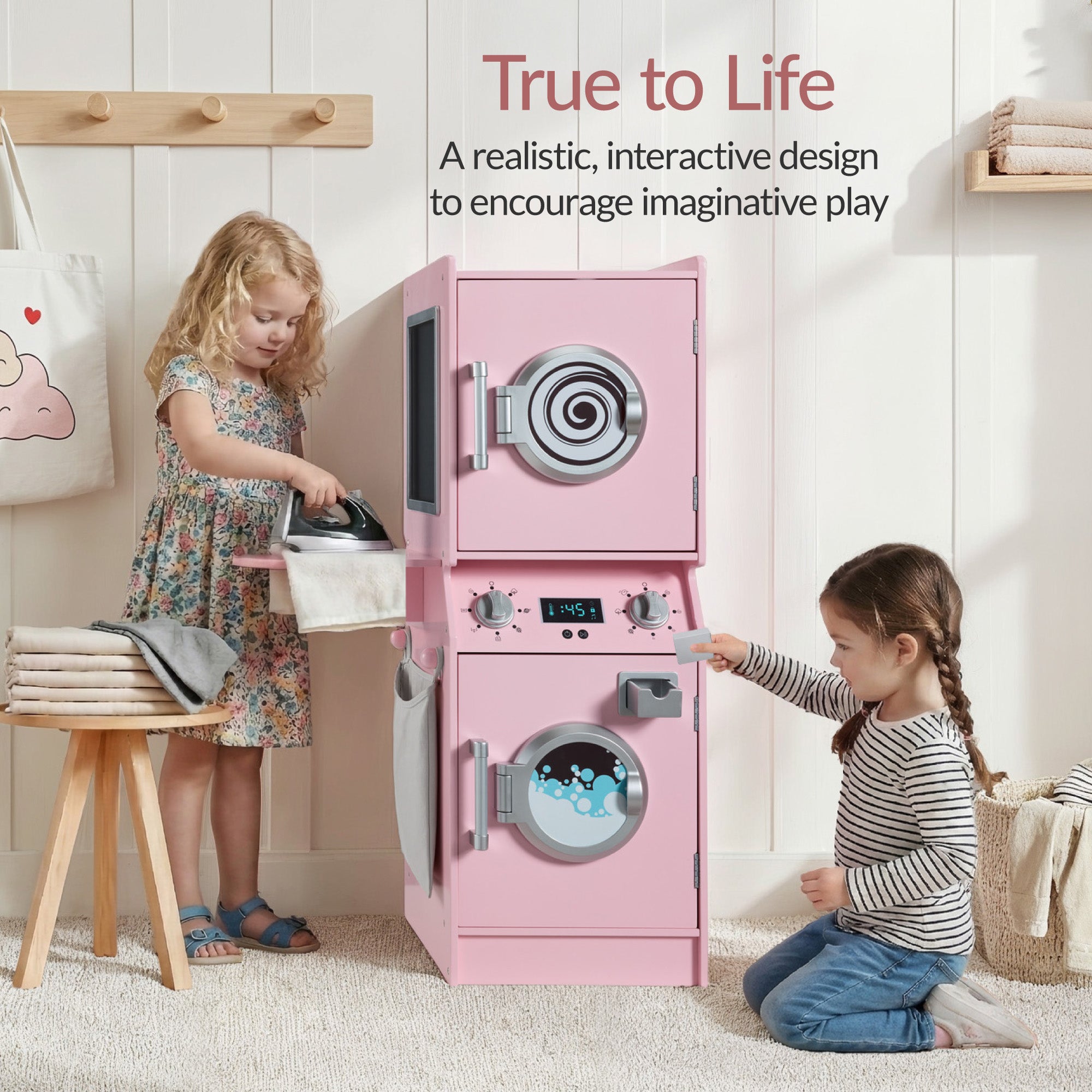 Pretend Play Kids Wooden Washer & Dryer Set w/ Laundry Accessories