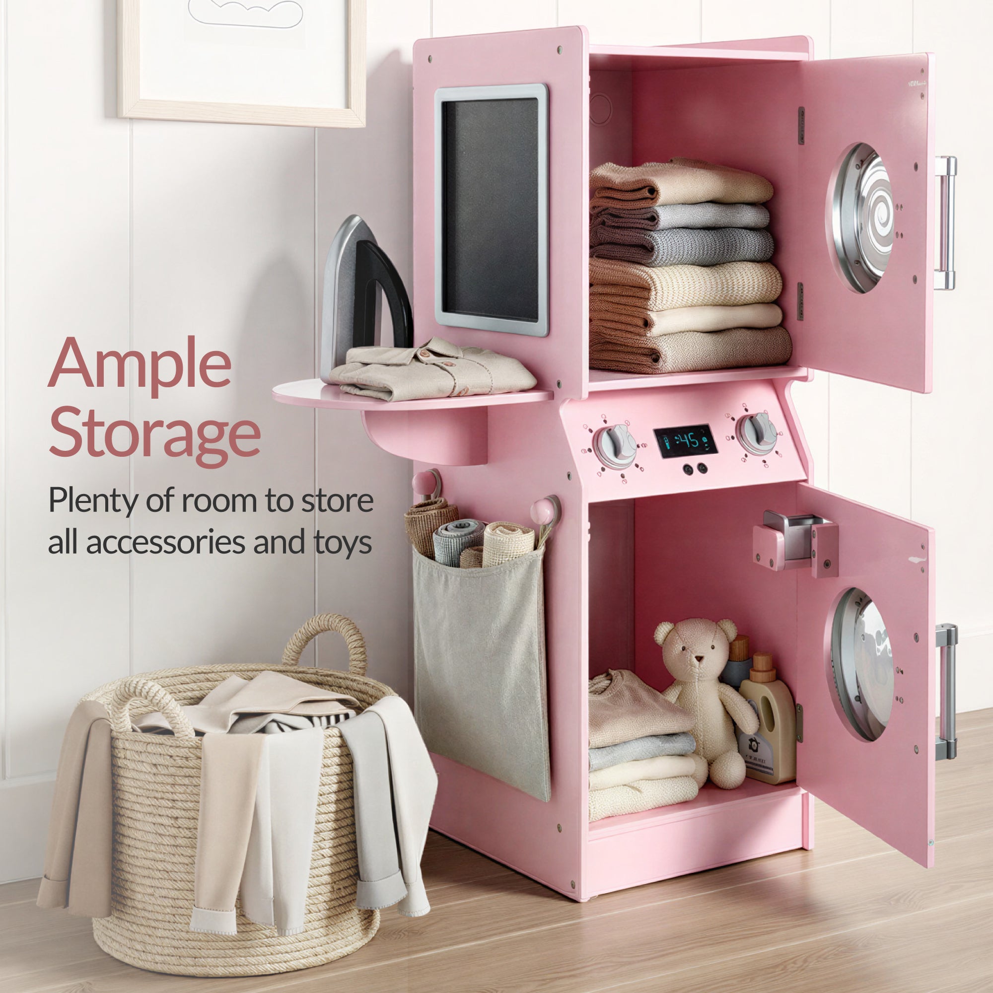 Pretend Play Kids Wooden Washer & Dryer Set w/ Laundry Accessories