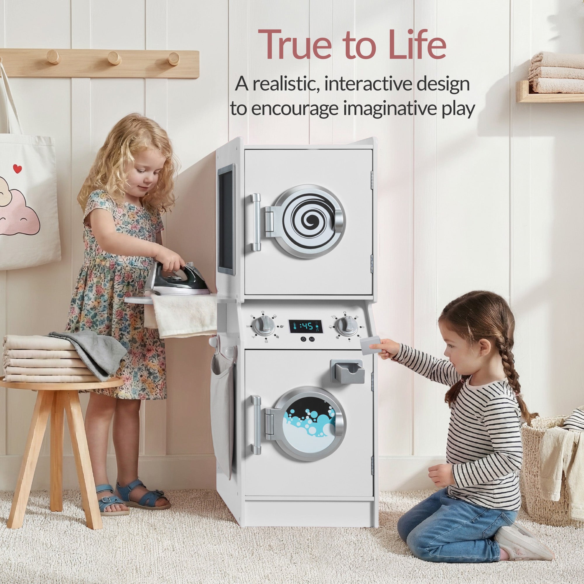 Pretend Play Kids Wooden Washer & Dryer Set w/ Laundry Accessories
