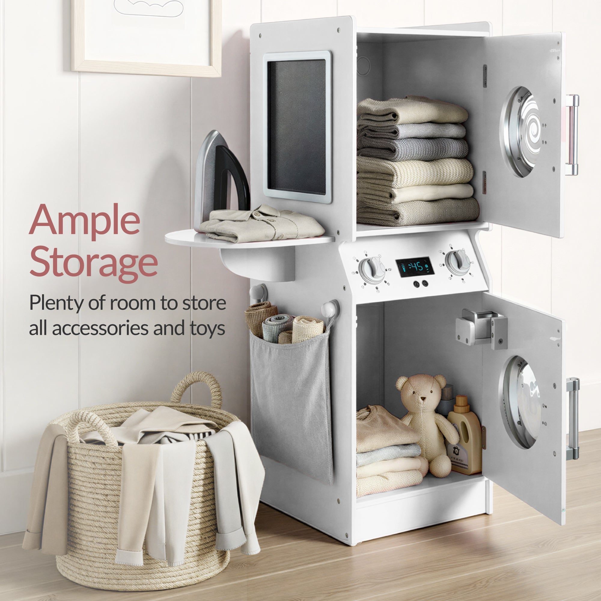 Pretend Play Kids Wooden Washer & Dryer Set w/ Laundry Accessories