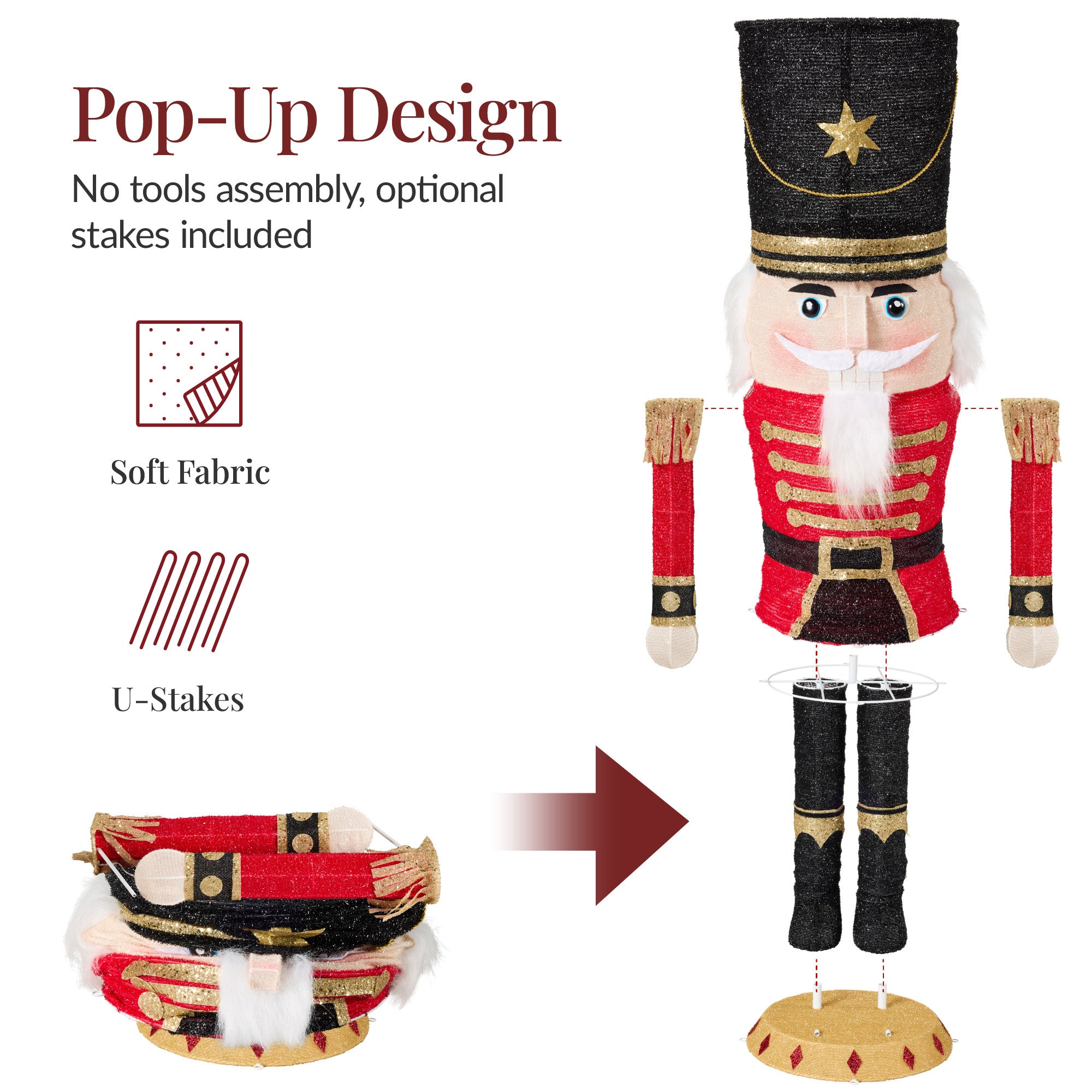 Pop Up Christmas Nutcracker w/150 LED Lights for Outdoor, Indoor, 5ft