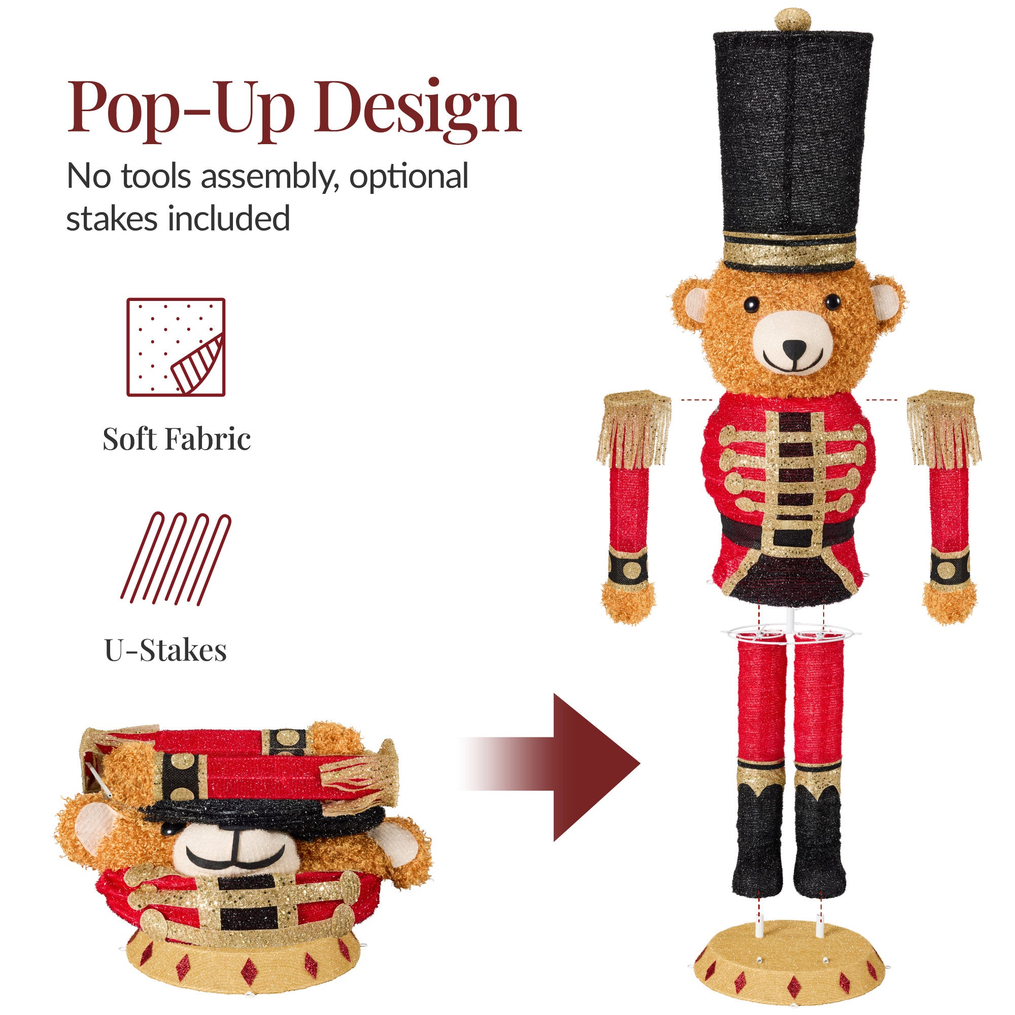 Pop Up Christmas Bear Nutcracker w/150 LED Lights for Outdoor, Indoor, 5ft