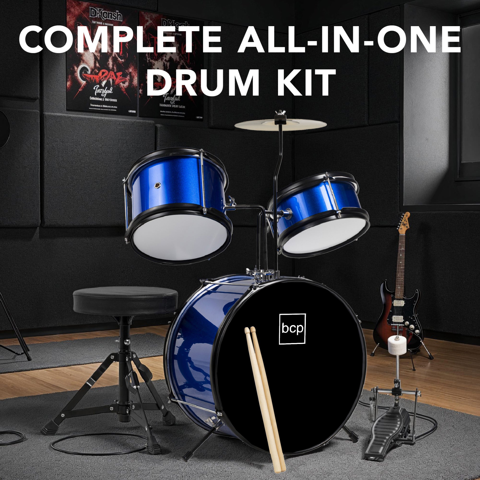 Kids Beginner 3-Piece Drum, Musical Instrument Set w/ Sticks, Stool, Pedal