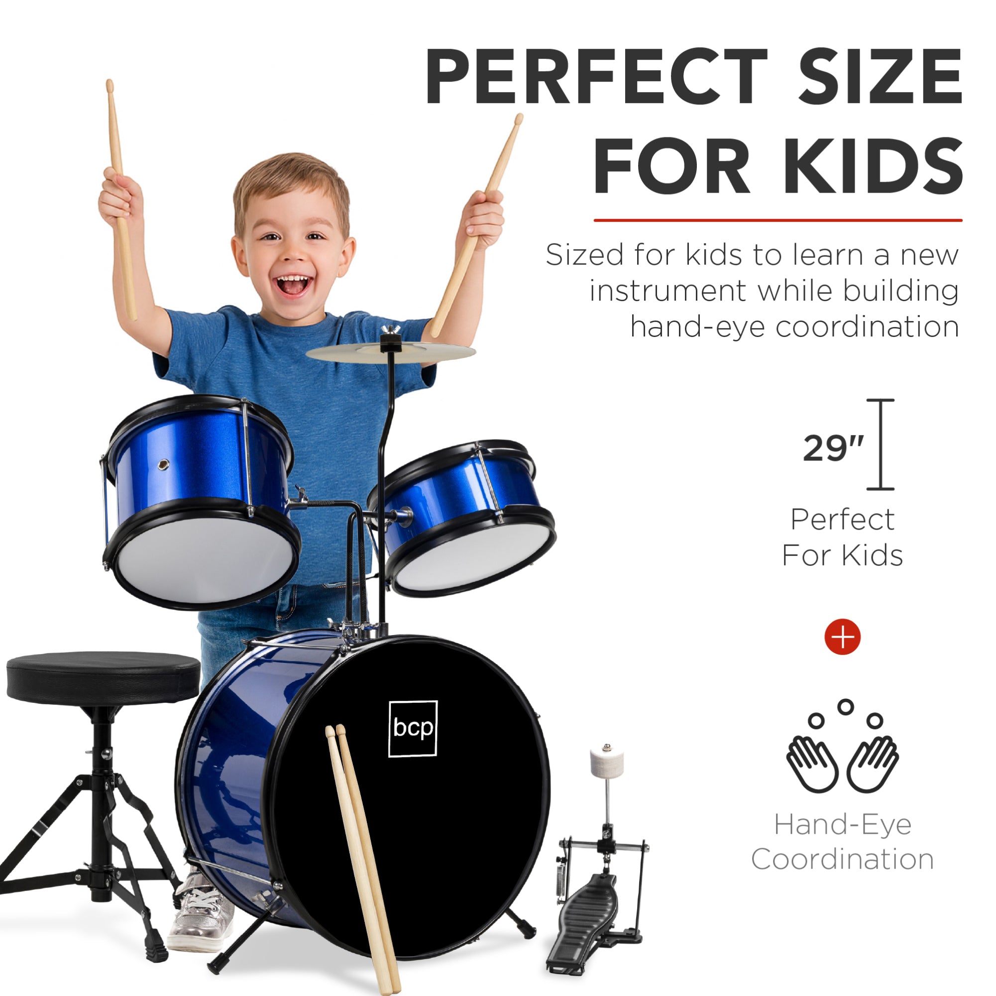 Kids Beginner 3-Piece Drum, Musical Instrument Set w/ Sticks, Stool, Pedal