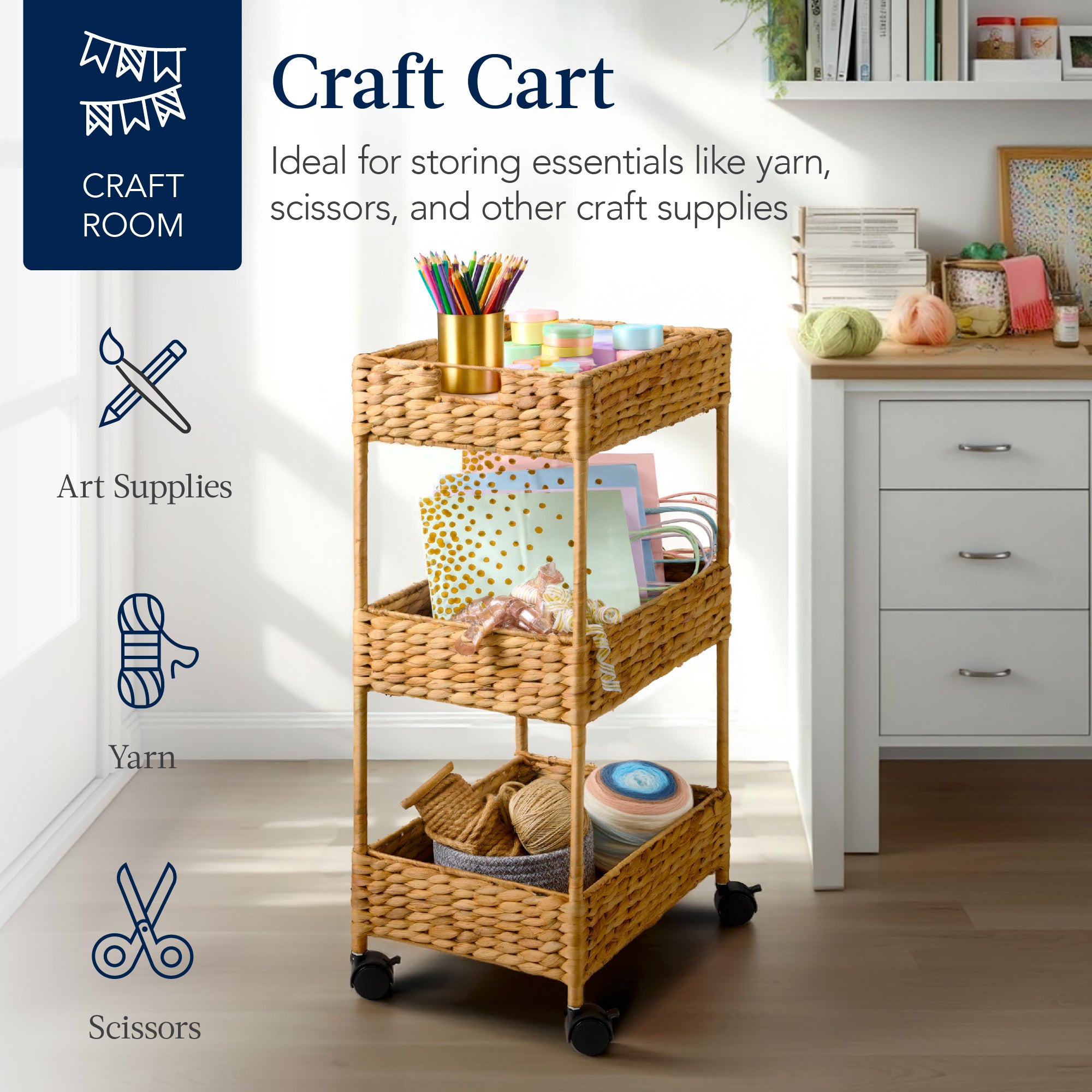 3-Tier Water Hyacinth Rolling Utility Cart w/ Weaved Baskets  Natural