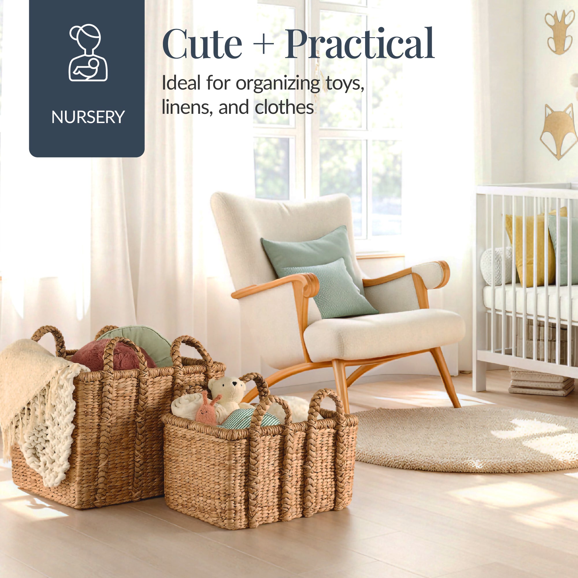 Set of 3, Water Hyacinth Chunky Baskets w/Handles