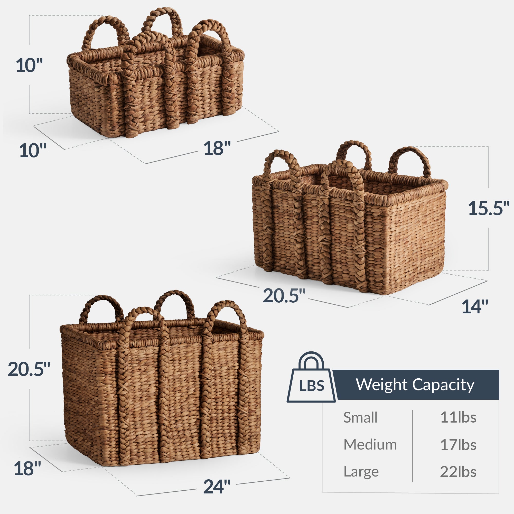 3Pc Shelf Baskets, Small, Large & XL Chunky Woven Baskets w