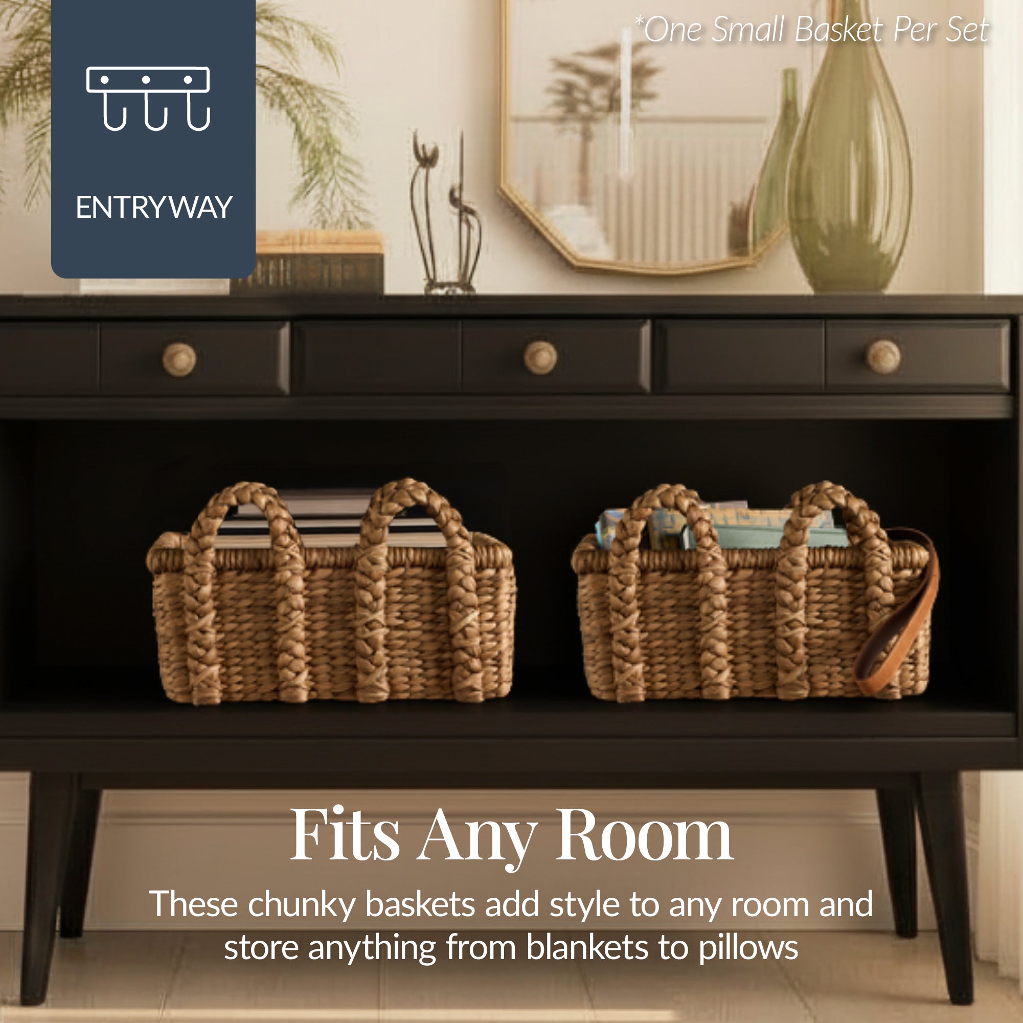 3Pc Shelf Baskets, Small, Large & XL Chunky Woven Baskets w
