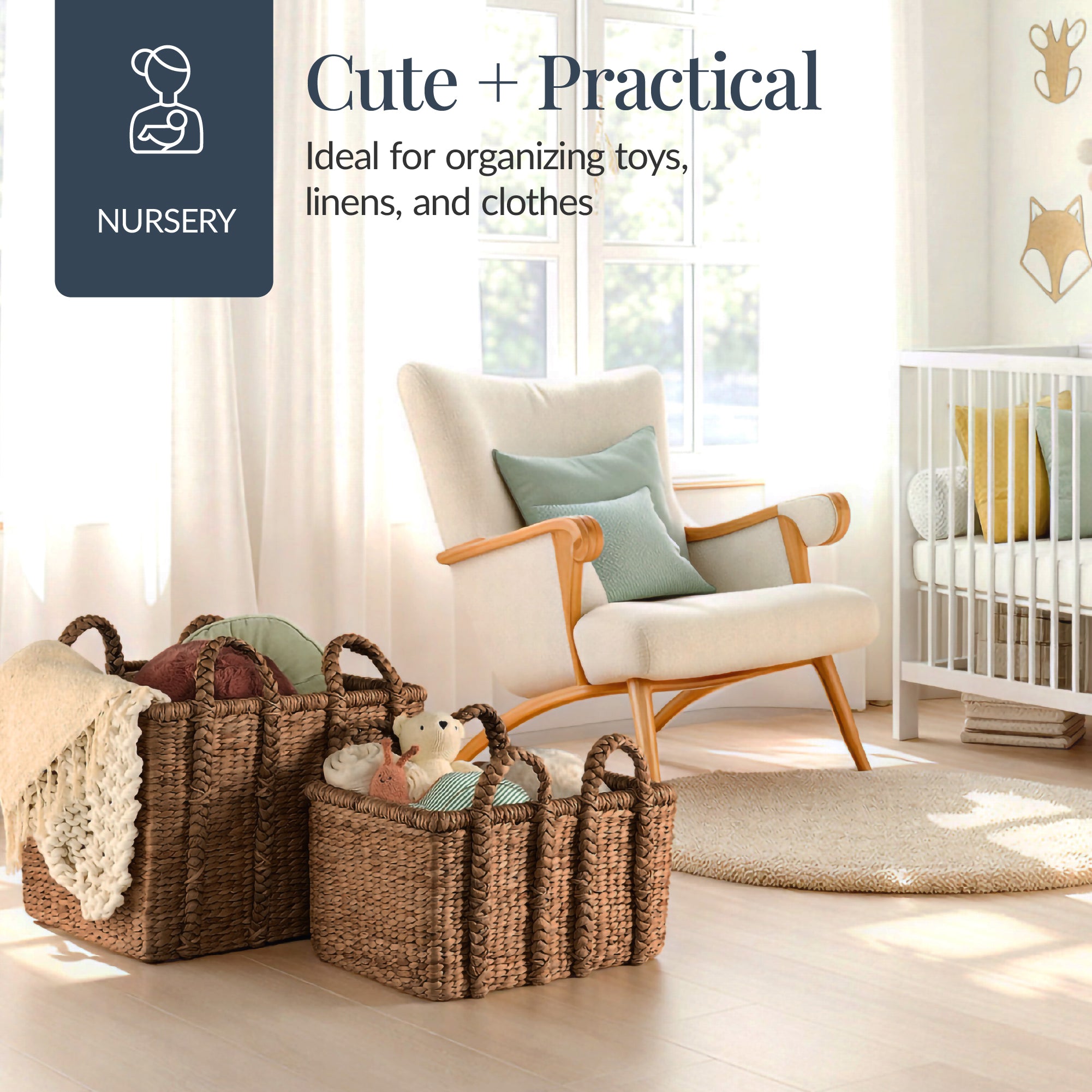 Set of 3, Water Hyacinth Chunky Baskets w/Handles