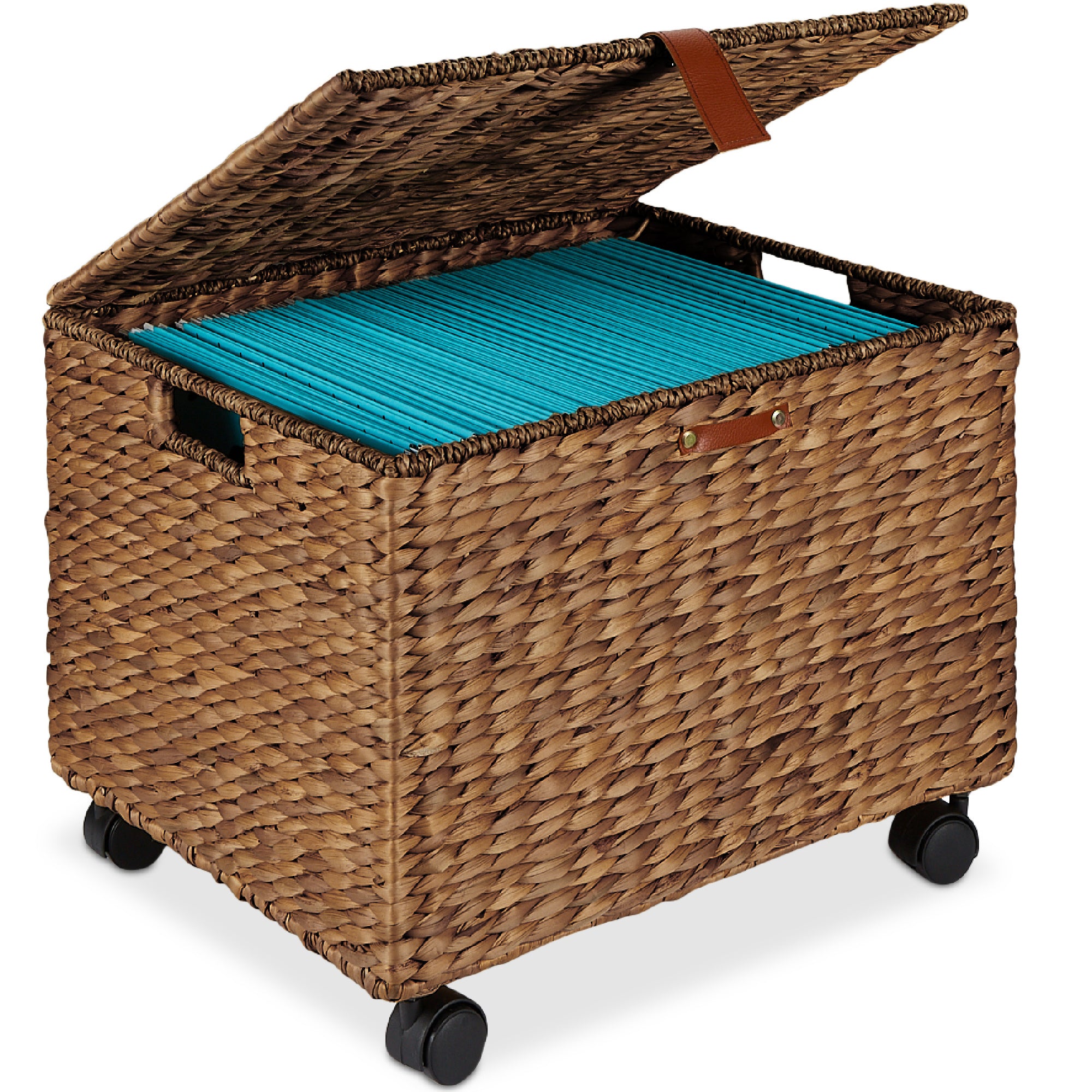Mobile Water Hyacinth Rolling Filing Cabinet Storage Basket w/ Lid, Wheels
