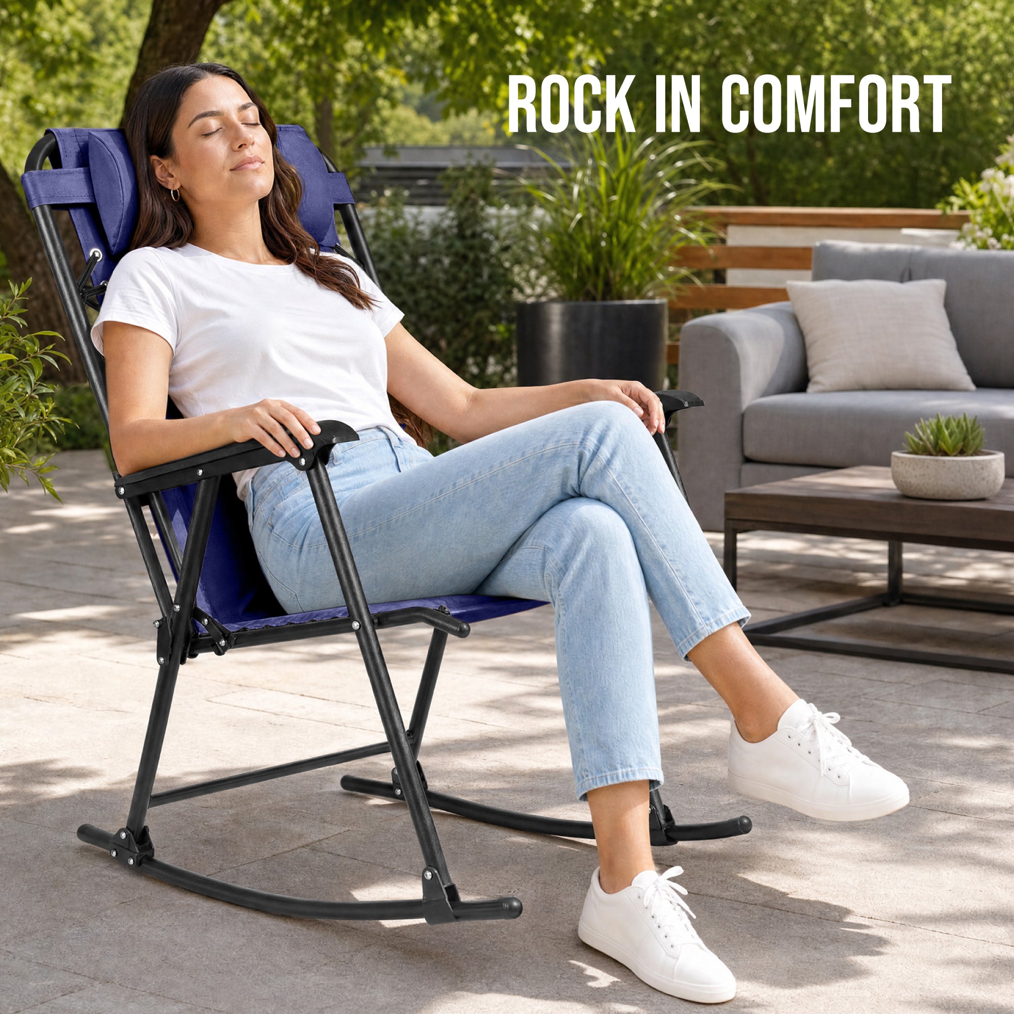 Padded Folding Zero Gravity Rocking Chair with Headrest, Outdoor Camp Chair