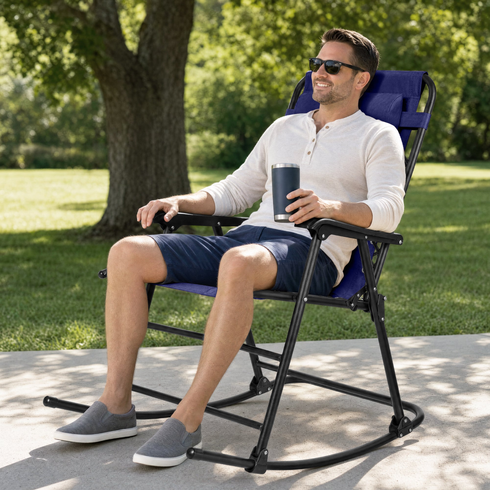Padded Folding Zero Gravity Rocking Chair with Headrest, Outdoor Camp Chair