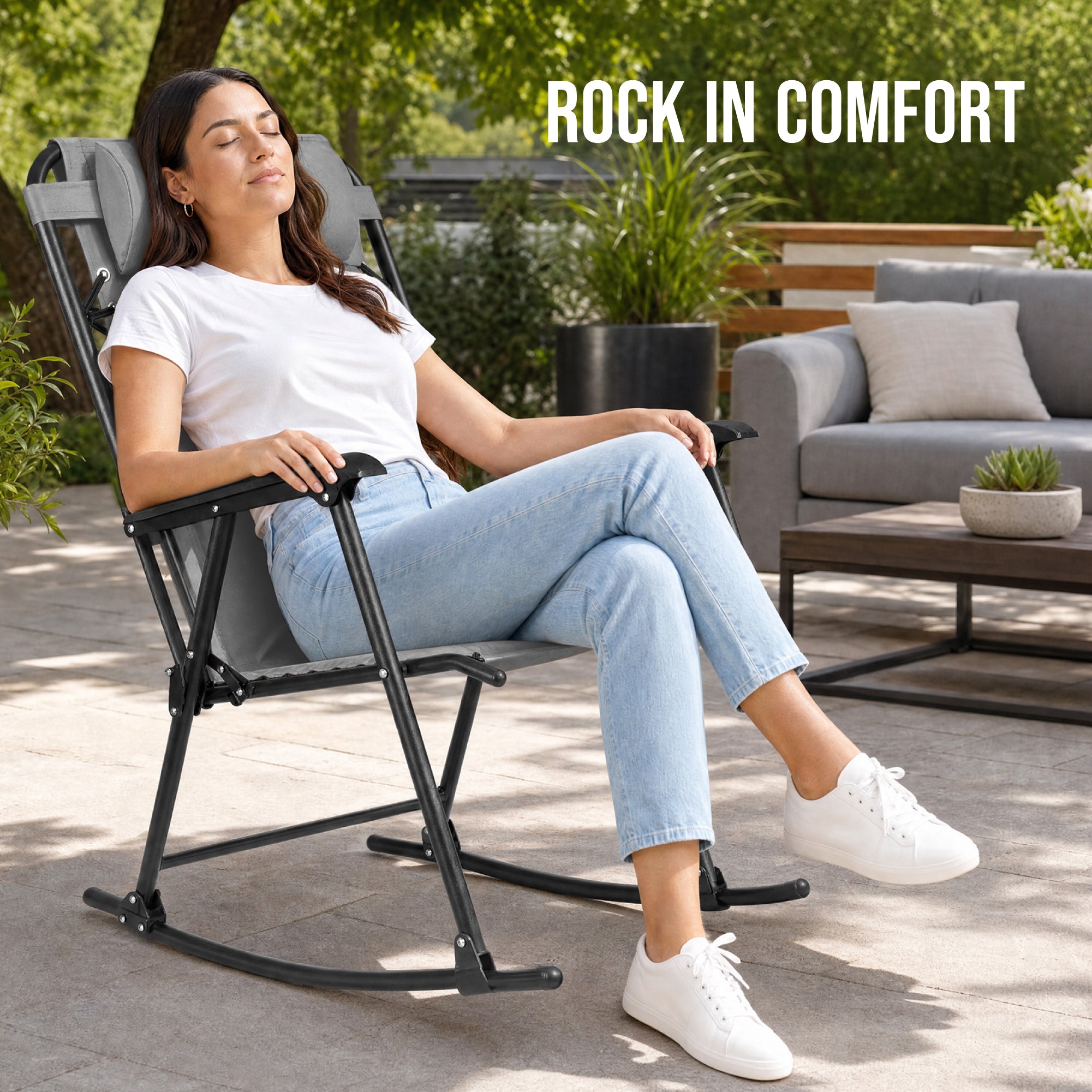 Padded Folding Zero Gravity Rocking Chair with Headrest, Outdoor Camp Chair