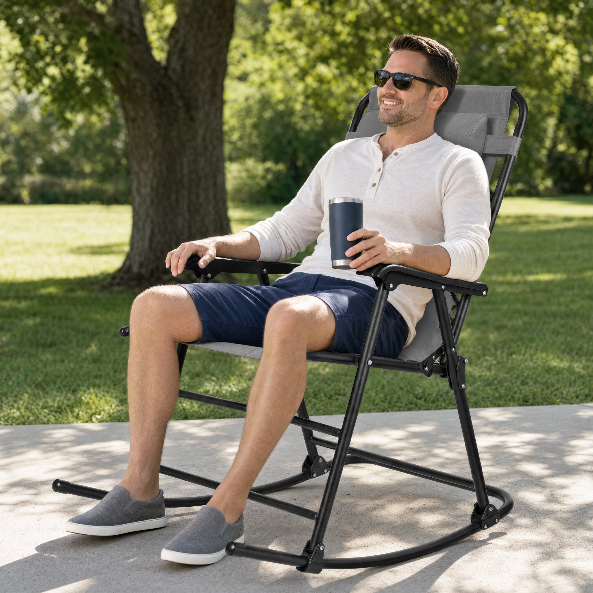 Padded Folding Zero Gravity Rocking Chair with Headrest, Outdoor Camp Chair