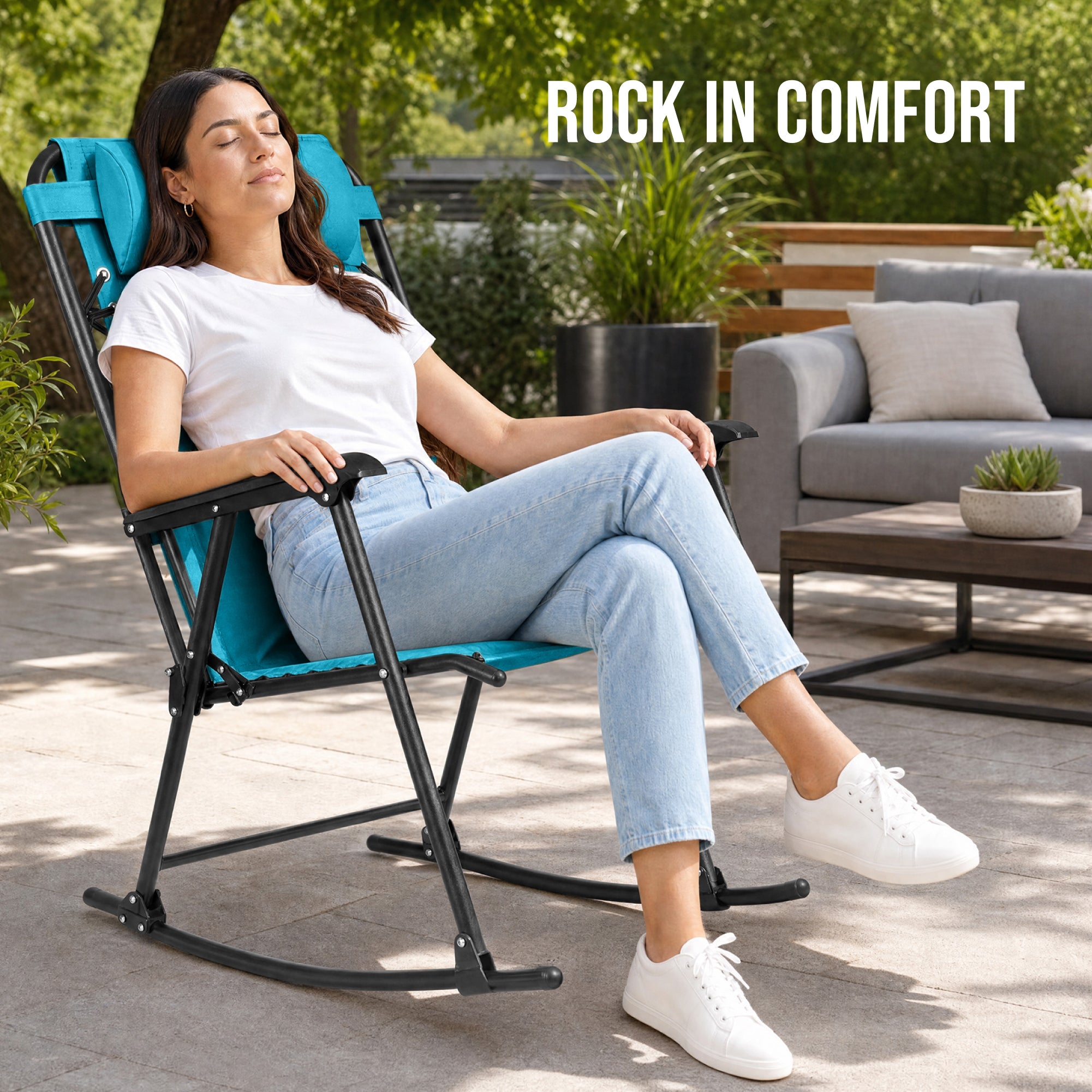 Padded Folding Zero Gravity Rocking Chair with Headrest, Outdoor Camp Chair