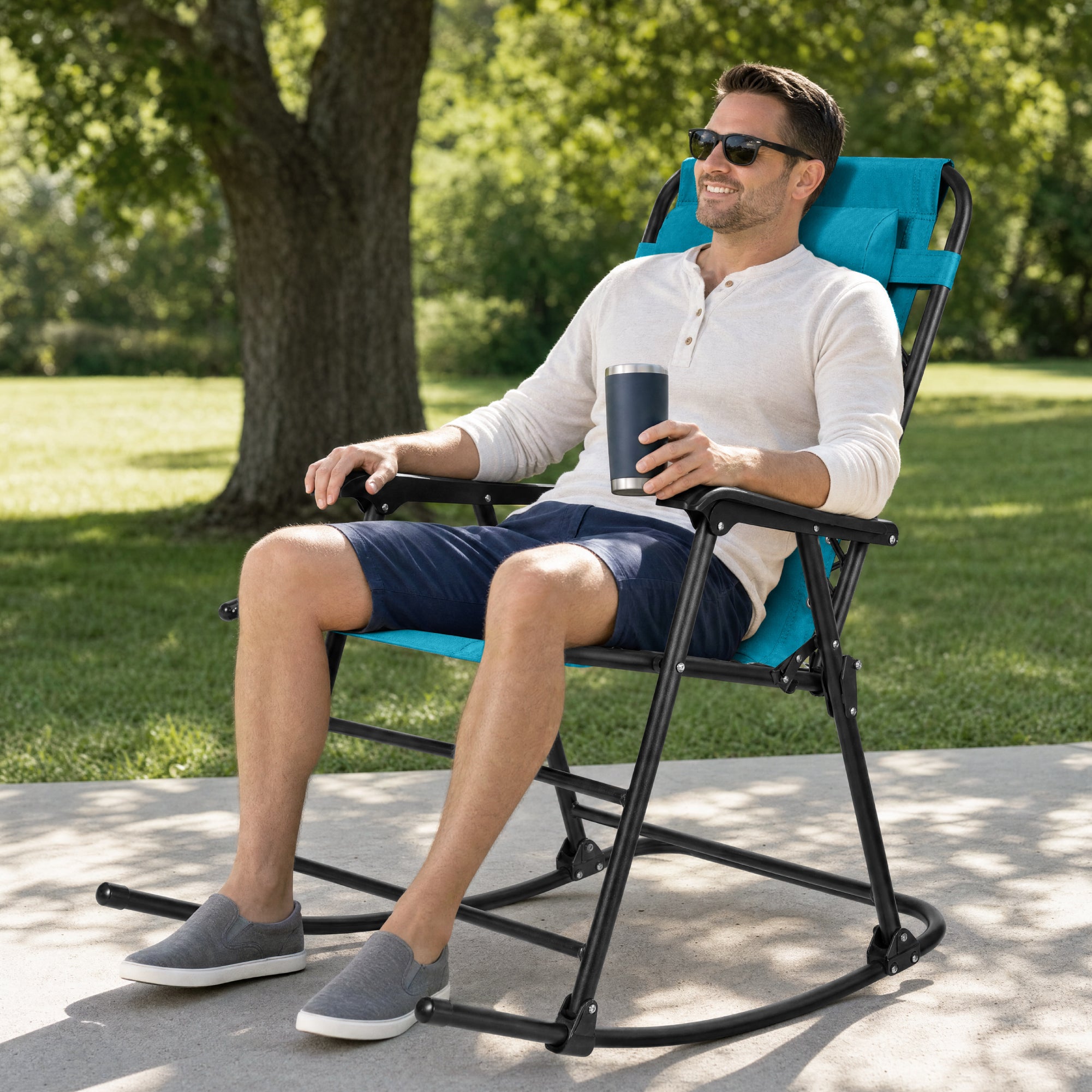 Padded Folding Zero Gravity Rocking Chair with Headrest, Outdoor Camp Chair