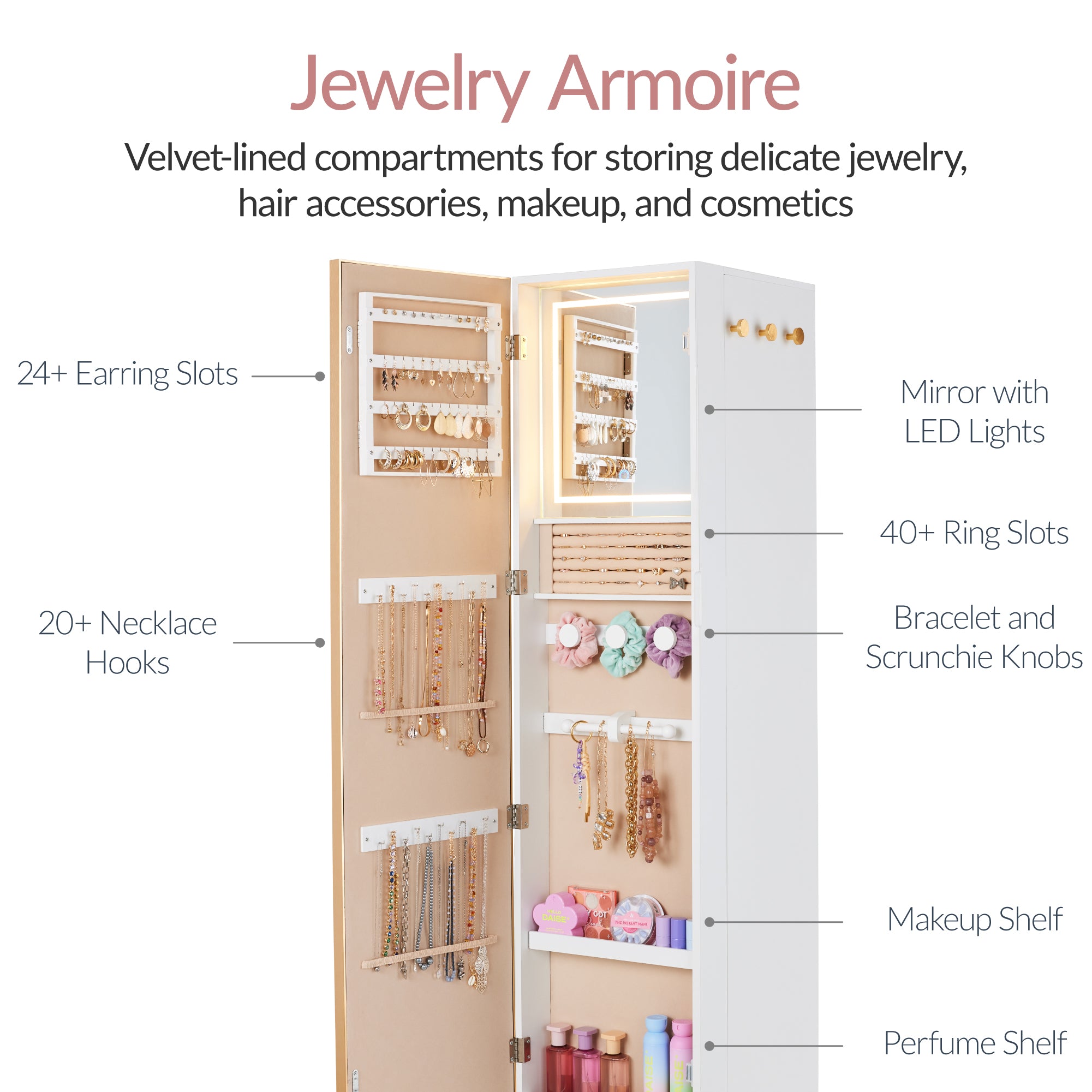 360 Rotating Jewelry Amoire Storage w/ Gold Metal Frame