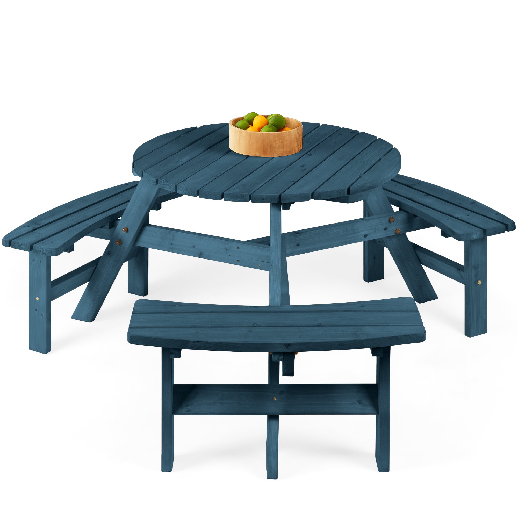 6-Person Circular Wooden Picnic Table w/ Umbrella Hole, 3 Benches