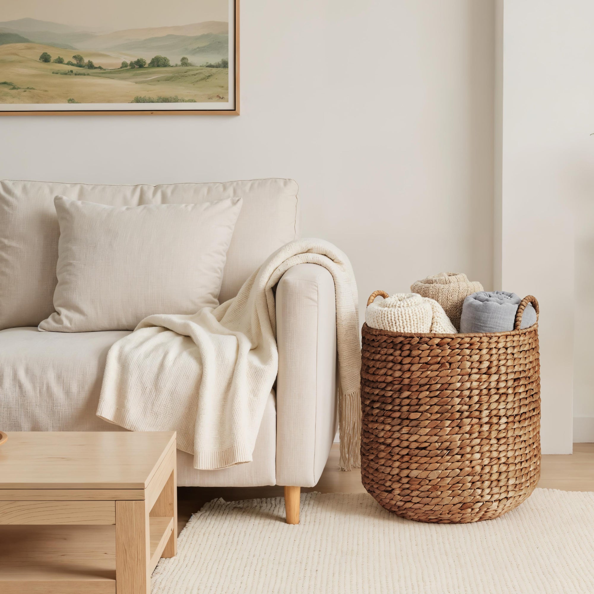Round Storage Basket w/ Handles, Handwoven Water Hyacinth Tote