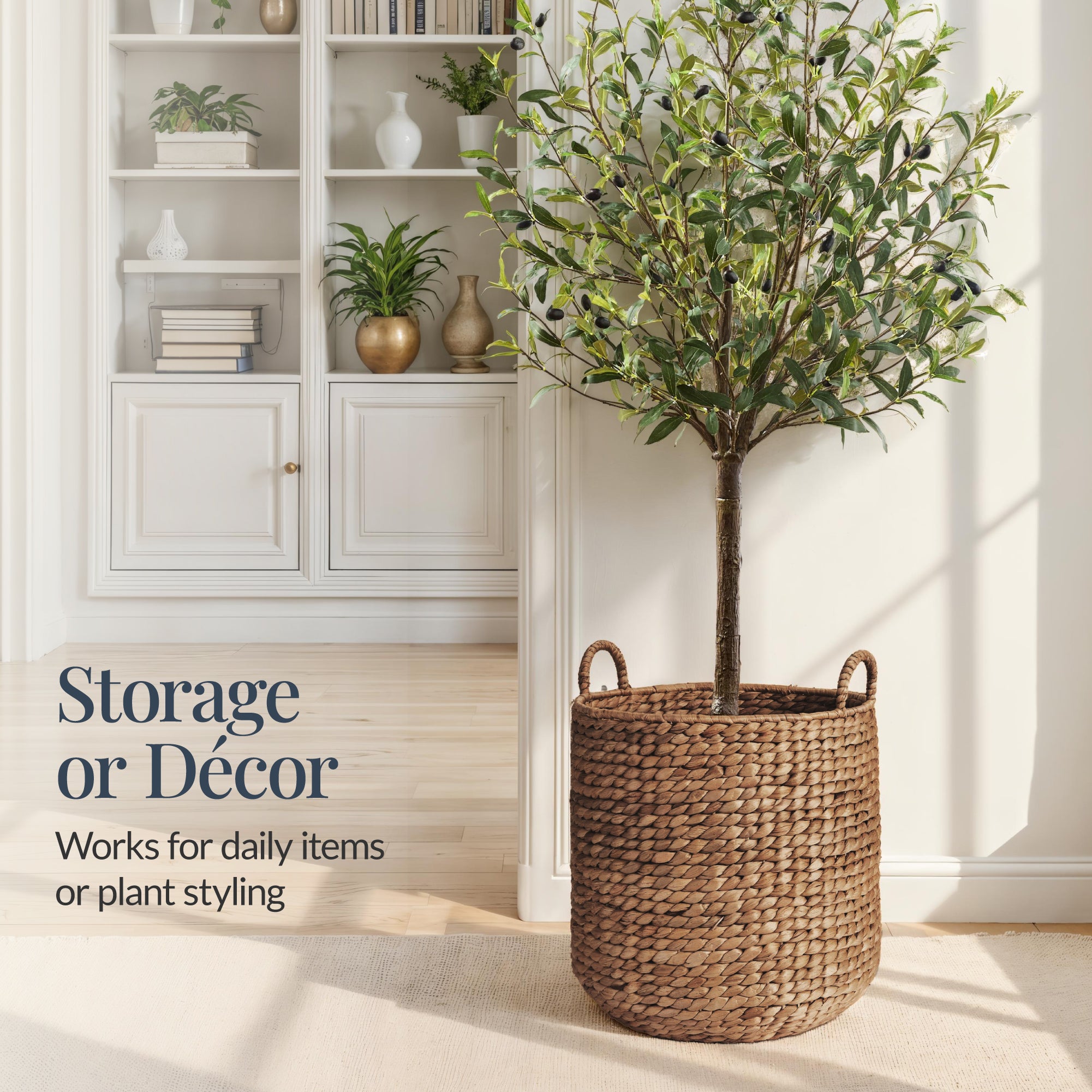 Round Storage Basket w/ Handles, Handwoven Water Hyacinth Tote