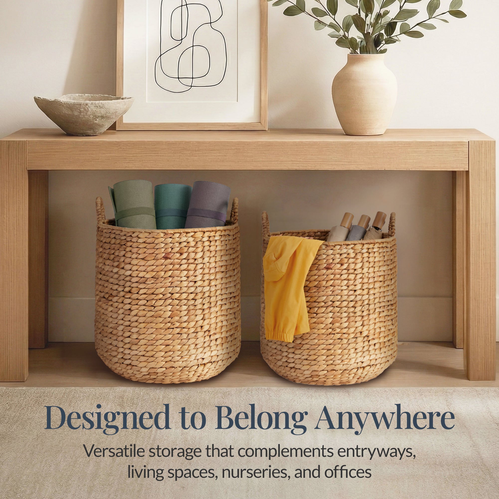 2-Piece Round Nesting Baskets W/Handles, Hyacinth Plant Holder & Storage Bin