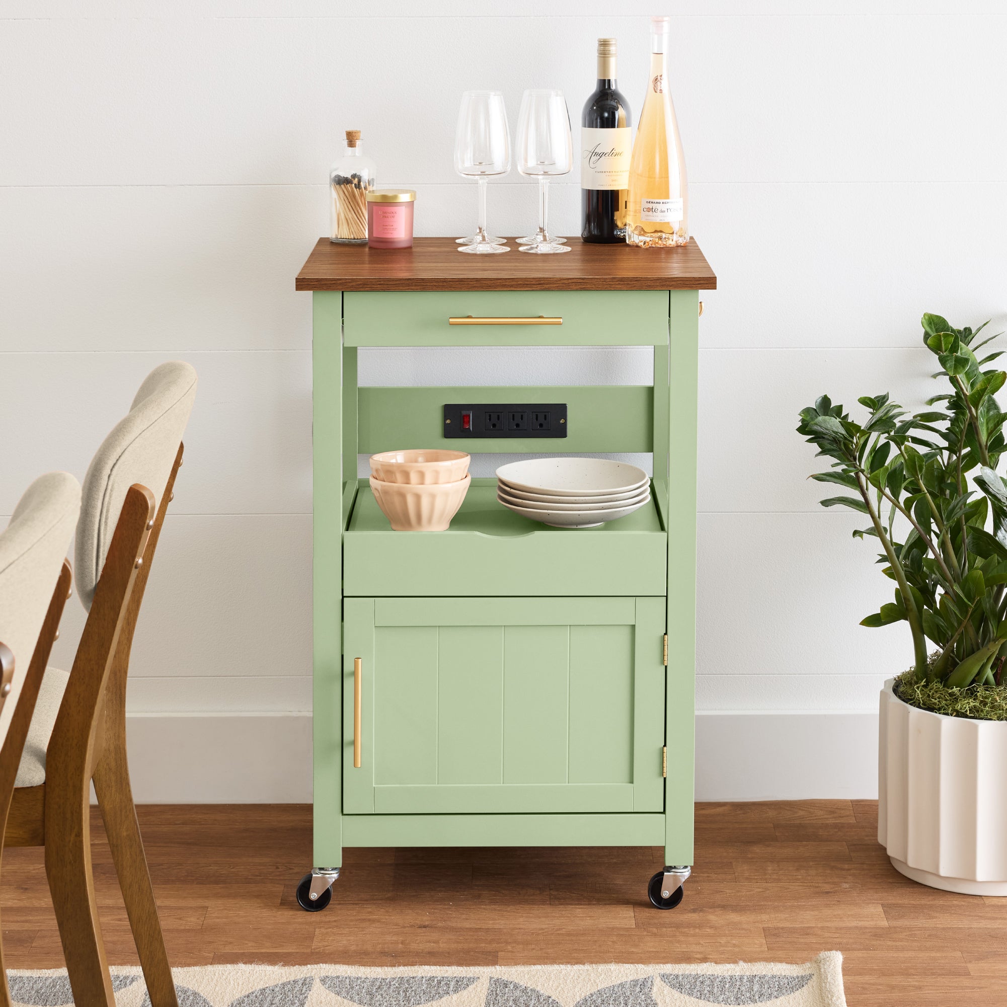 Rolling Kitchen Island Cart, Cabinet W/ Drawer, Sliding Tray, Outlet, Wheels