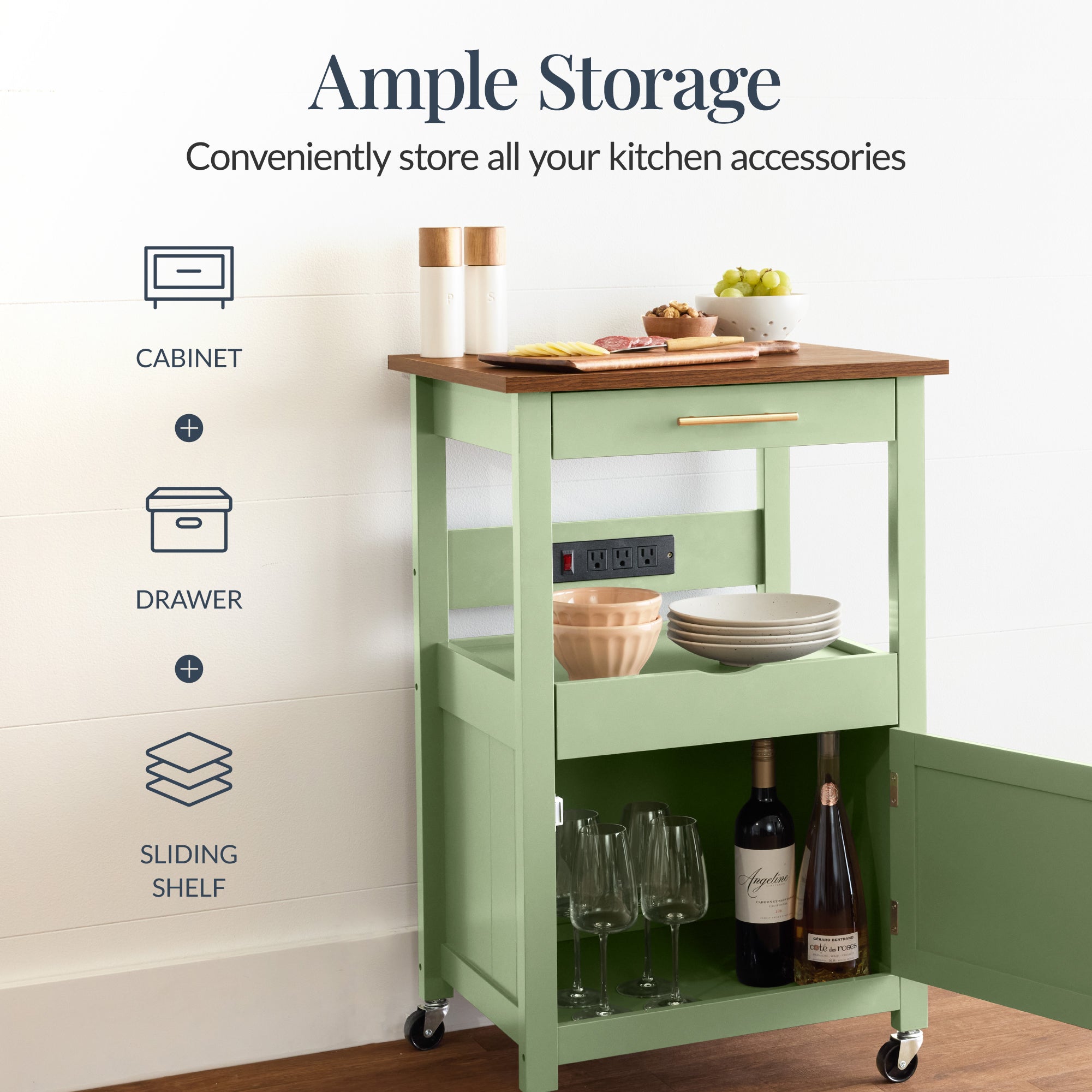 Rolling Kitchen Island Cart, Cabinet W/ Drawer, Sliding Tray, Outlet, Wheels