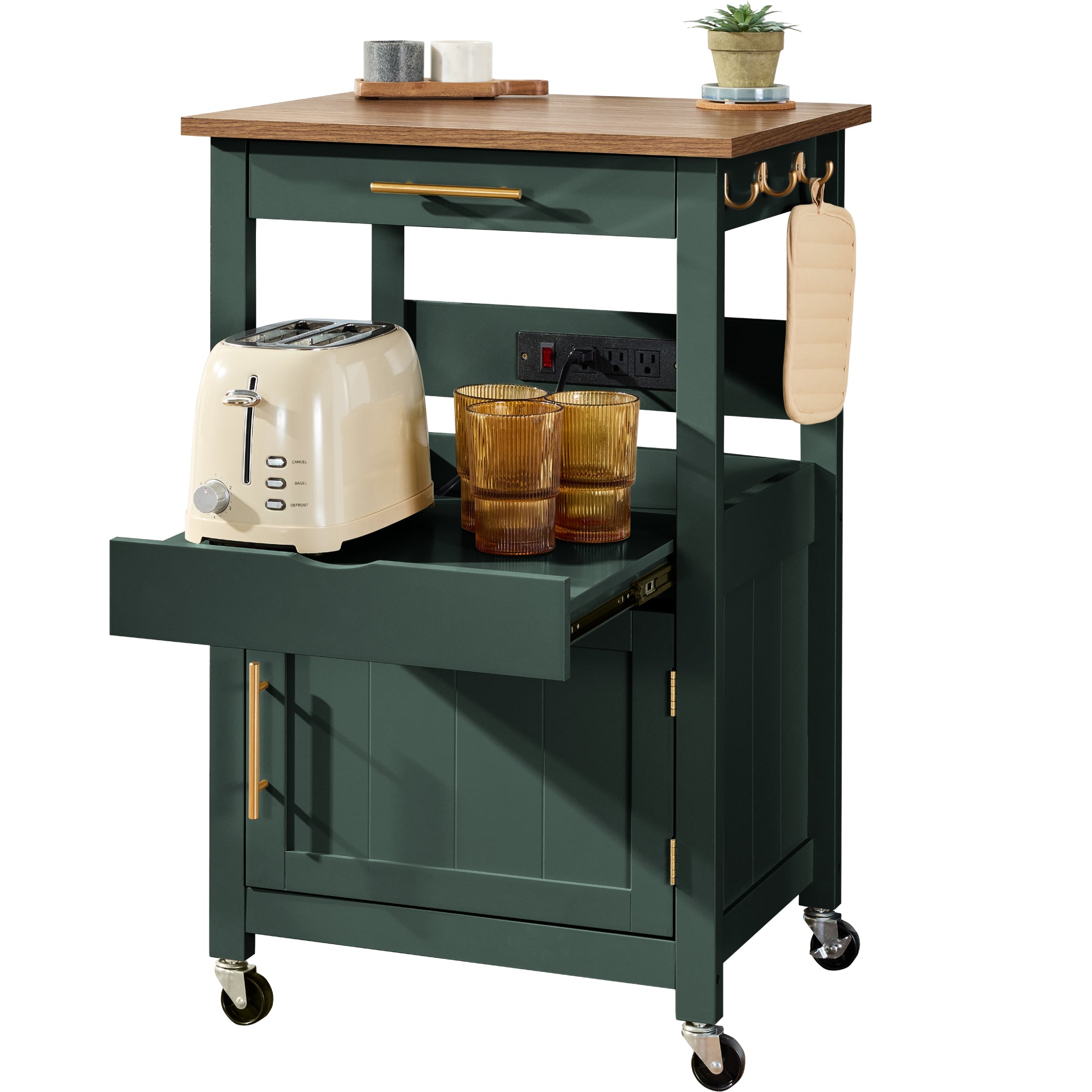 Rolling Kitchen Island Cart, Cabinet W/ Drawer, Sliding Tray, Outlet, Wheels