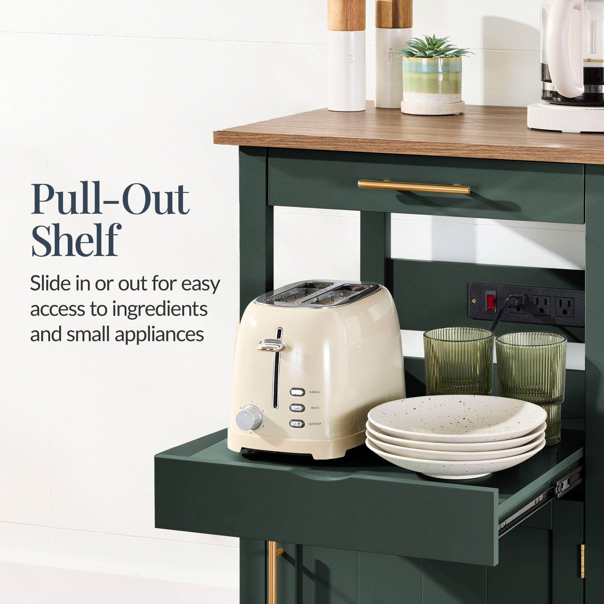 Rolling Kitchen Island Cart, Cabinet W/ Drawer, Sliding Tray, Outlet, Wheels