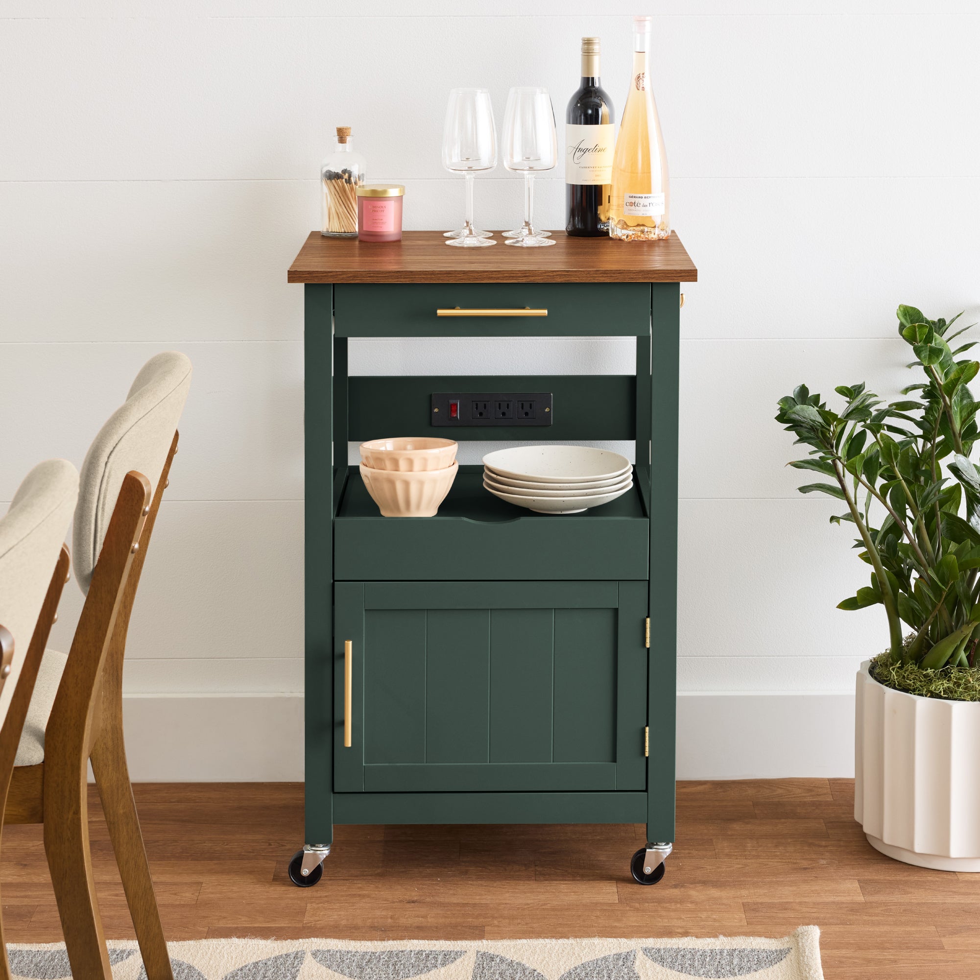 Rolling Kitchen Island Cart, Cabinet W/ Drawer, Sliding Tray, Outlet, Wheels