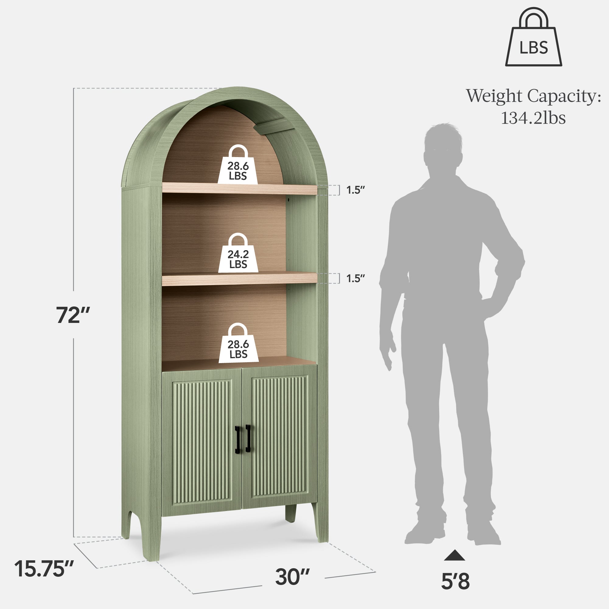 72" Tall Arched Pantry Cabinet w/ Doors, 5-Tier Storage Cabinet w/ Shelves