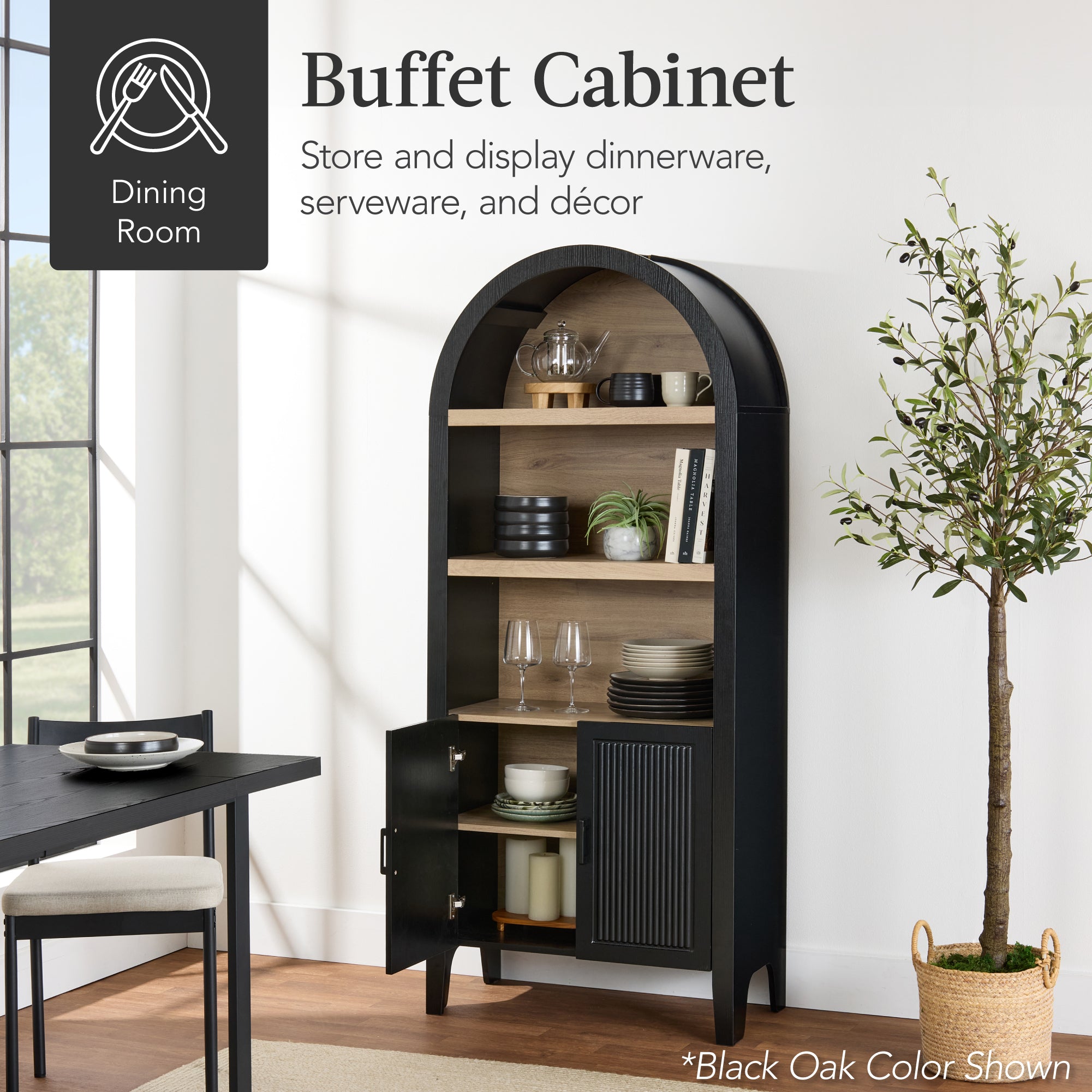 72" Tall Arched Pantry Cabinet w/ Doors, 5-Tier Storage Cabinet w/ Shelves