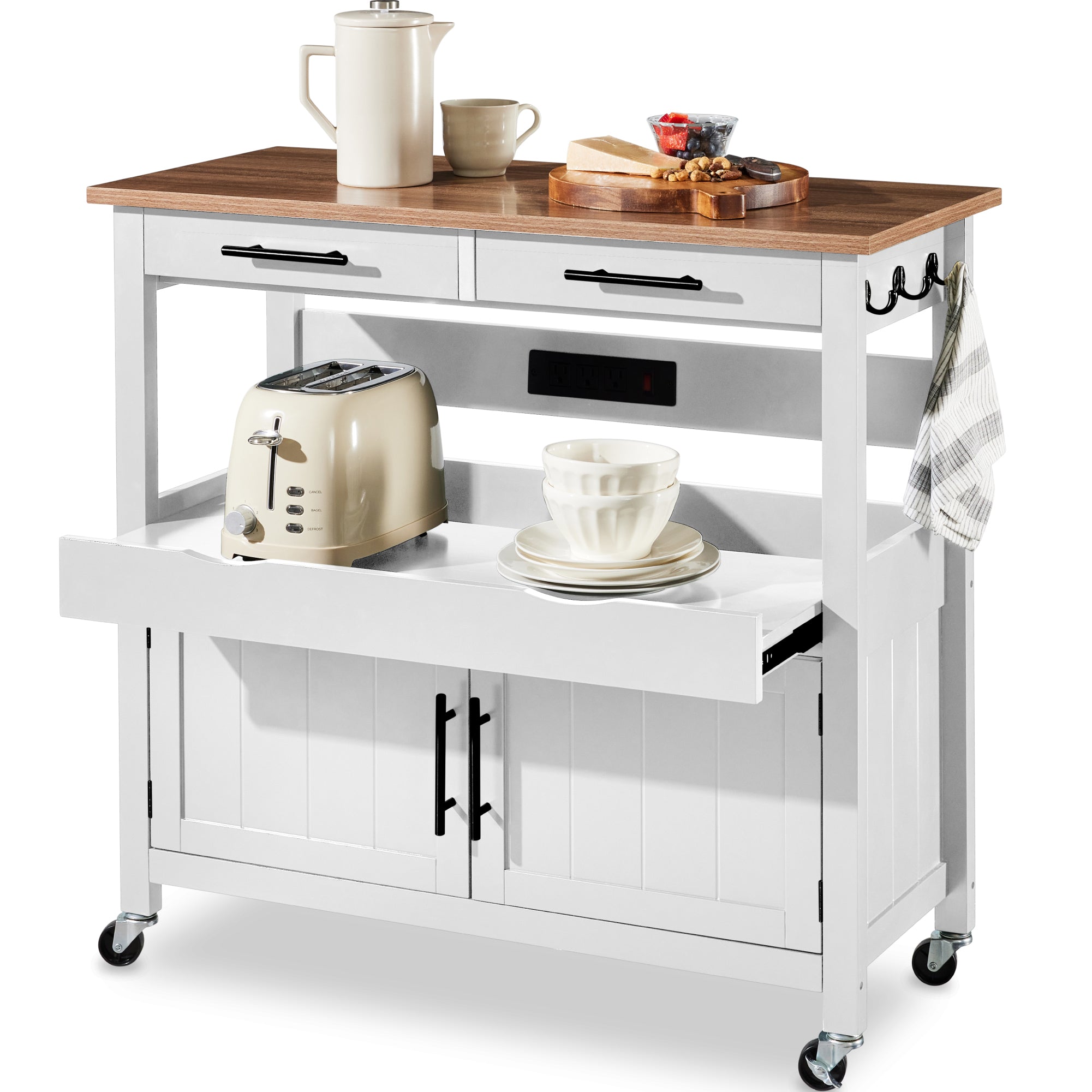 36in Large Rolling Kitchen Island Cart, 2-Door Cabinet, Outlet, & Wheels