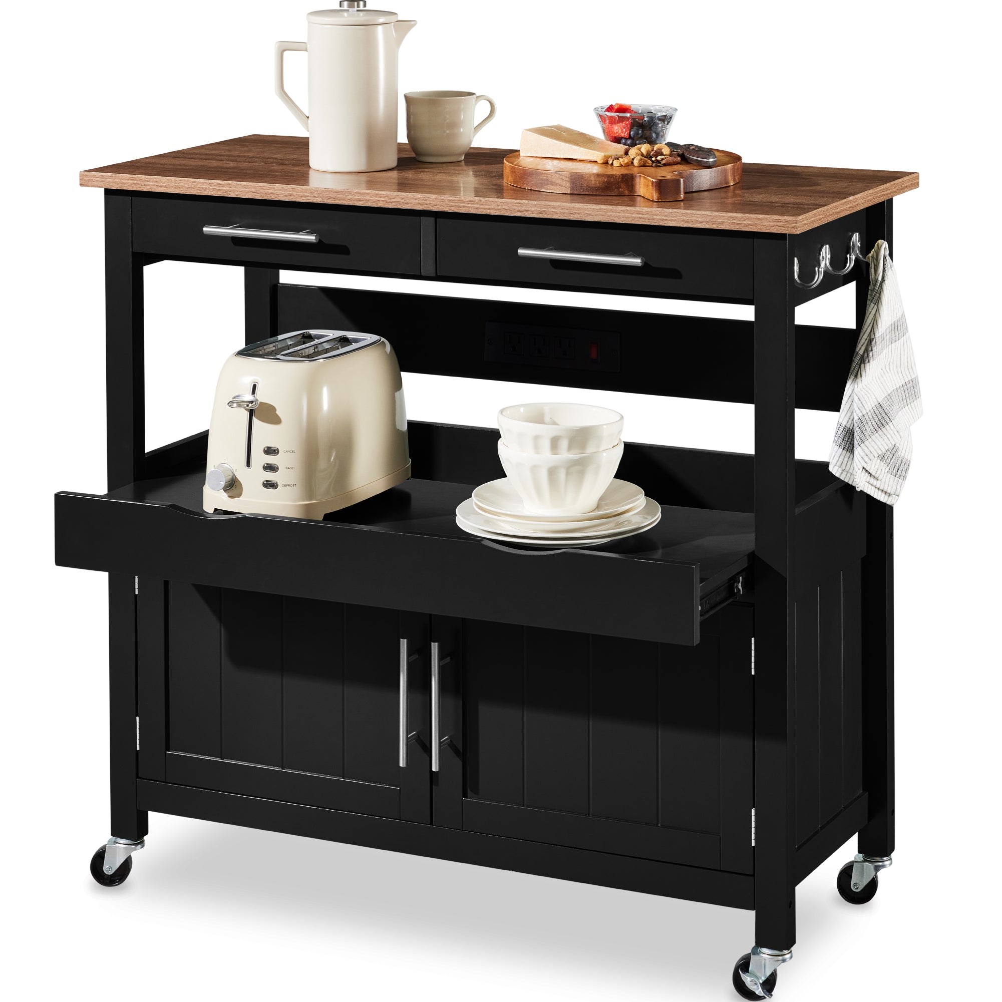 36in Large Rolling Kitchen Island Cart, 2-Door Cabinet, Outlet, & Wheels