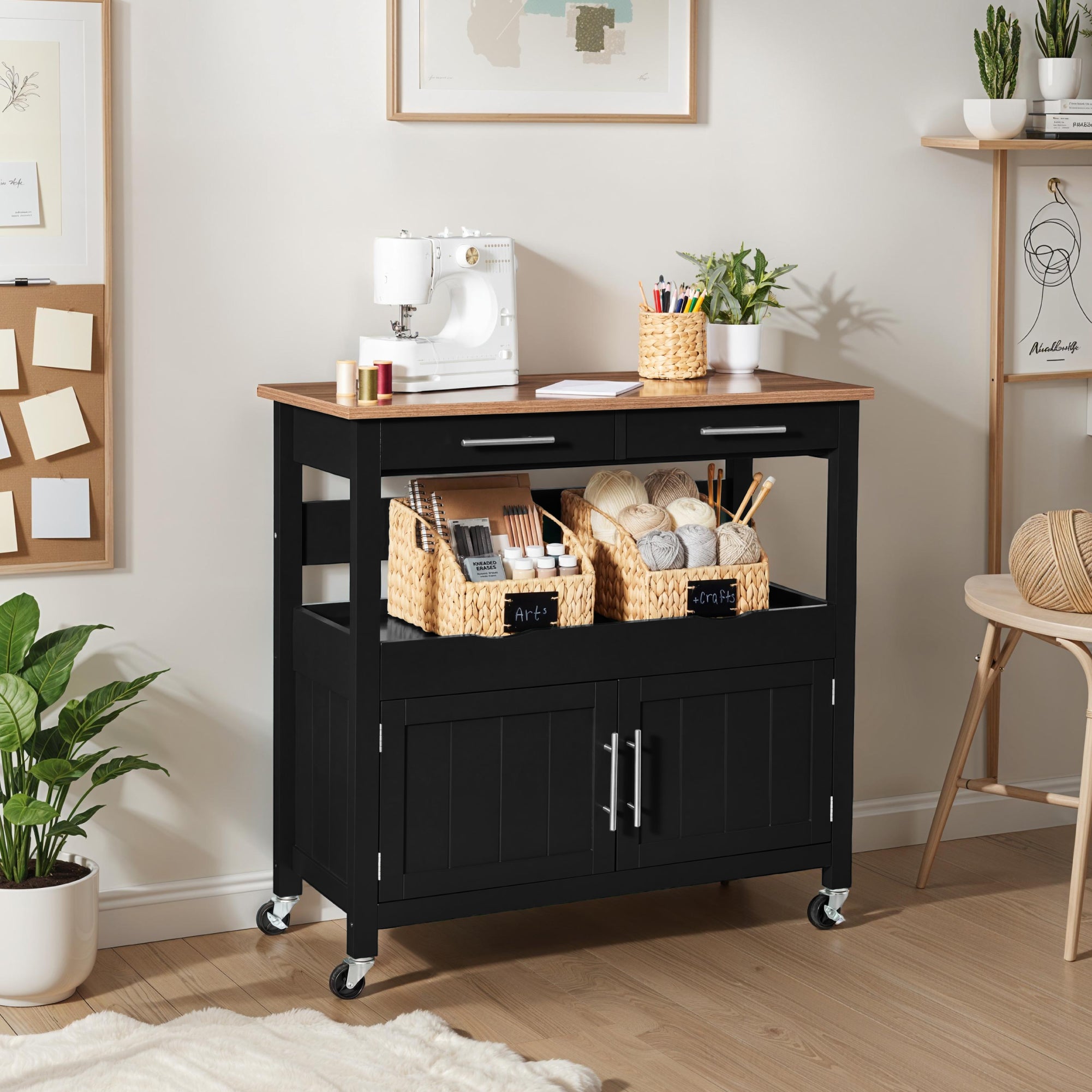 36in Large Rolling Kitchen Island Cart, 2-Door Cabinet, Outlet, & Wheels