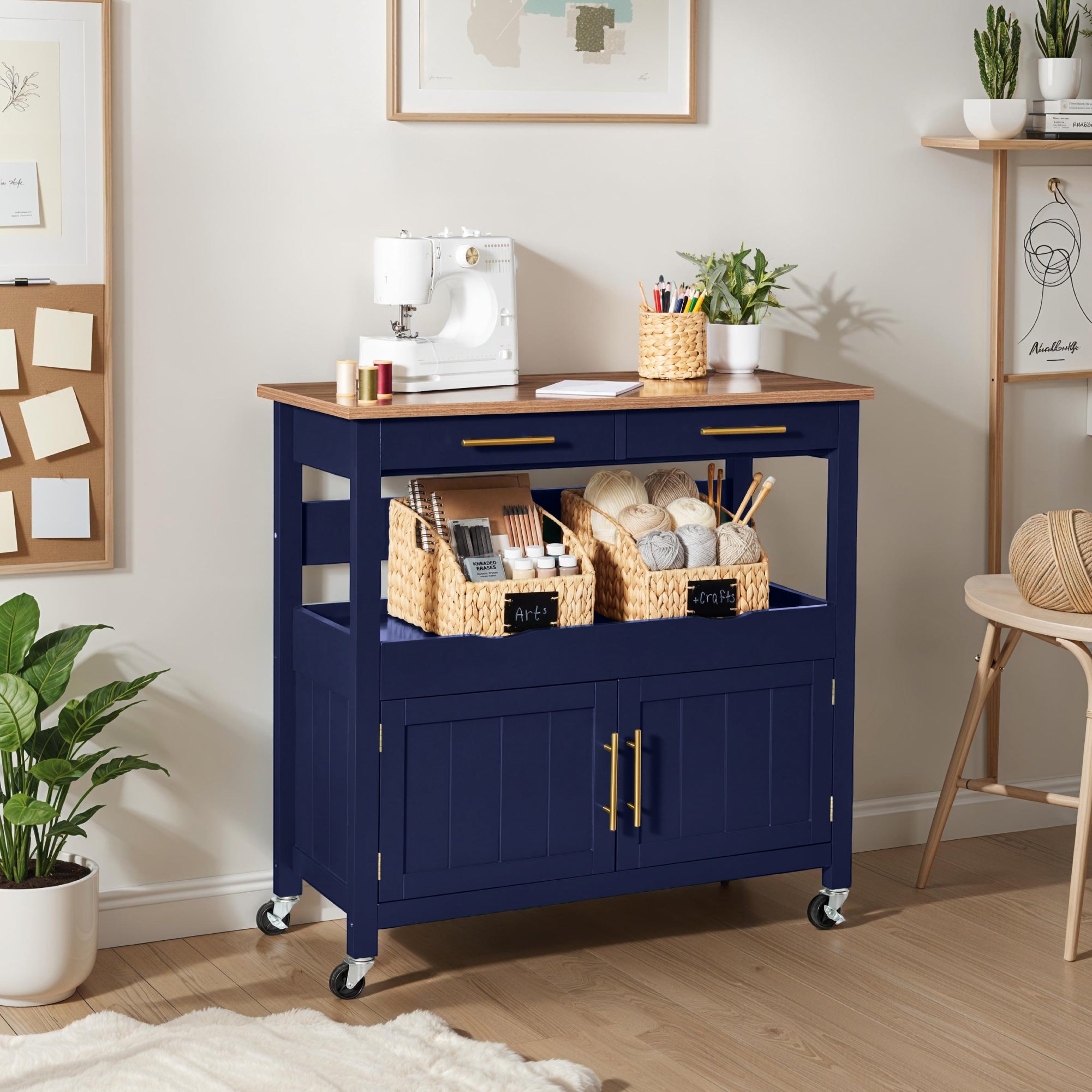 36in Large Rolling Kitchen Island Cart, 2-Door Cabinet, Outlet, & Wheels