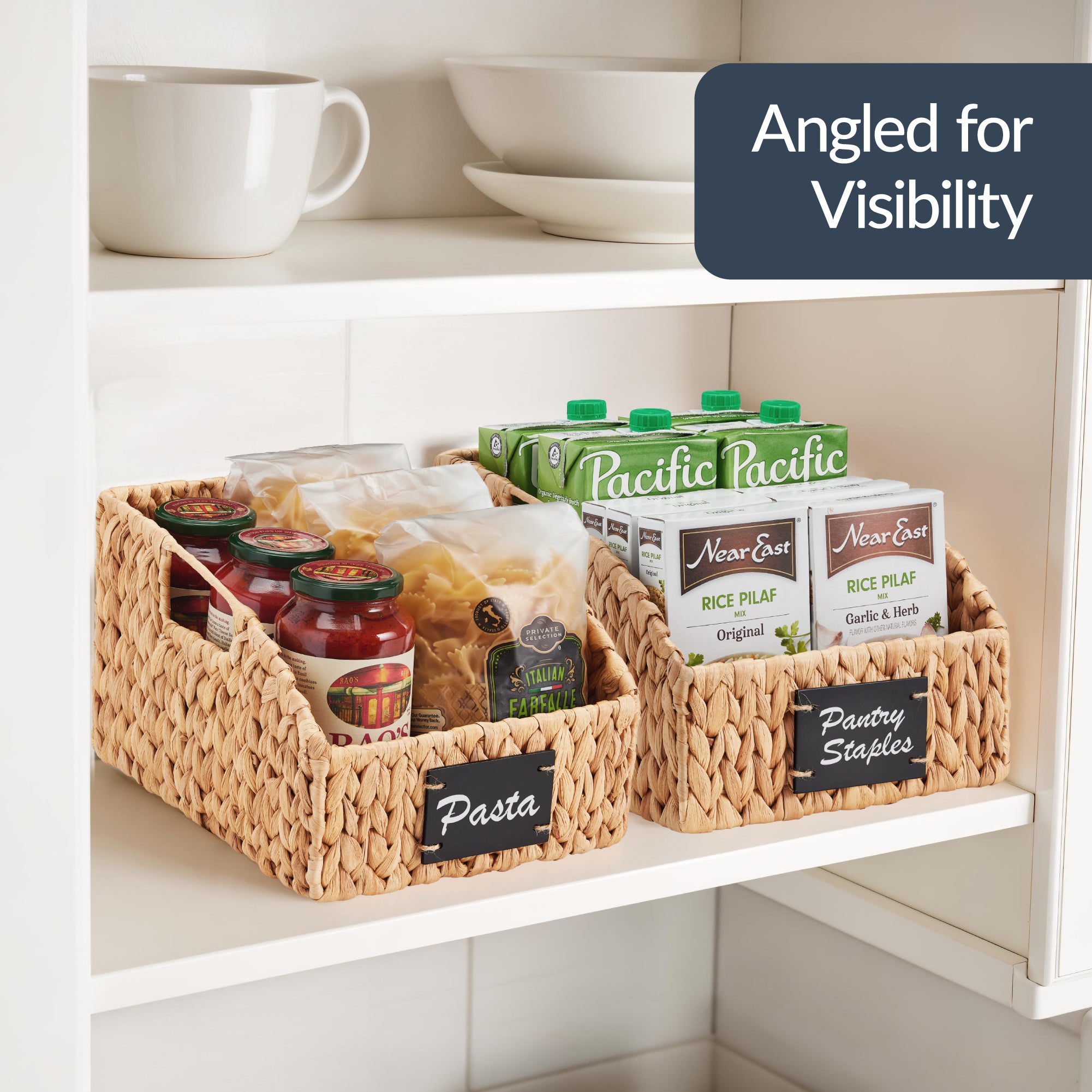Hyacinth Angled Pantry Storage Baskets W/ Handles & Chalkboard (Pack of 2)
