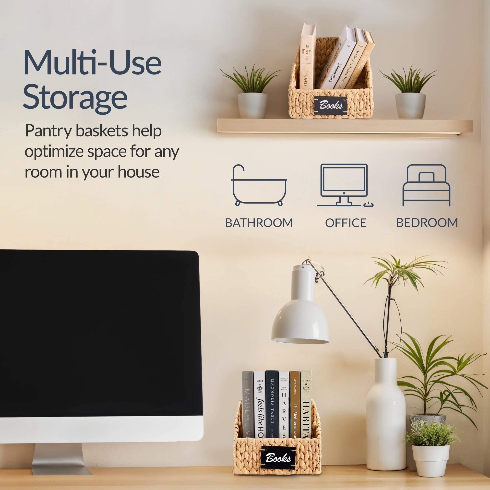 Hyacinth Angled Pantry Storage Baskets W/ Handles & Chalkboard (Pack of 2)