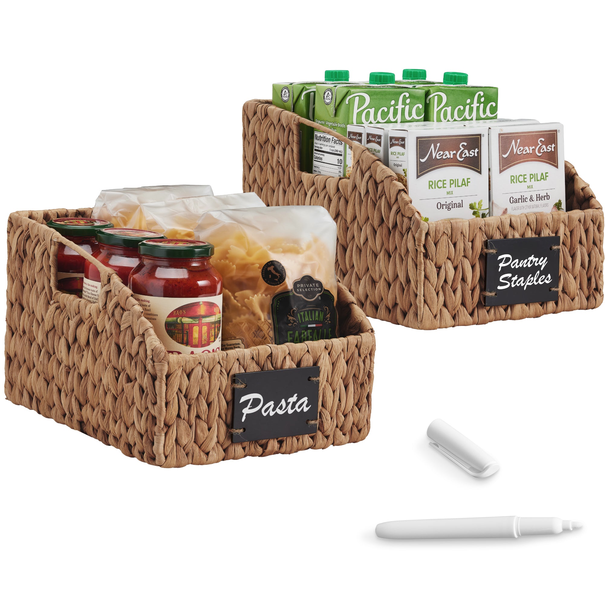 Hyacinth Angled Pantry Storage Baskets W/ Handles & Chalkboard (Pack of 2)