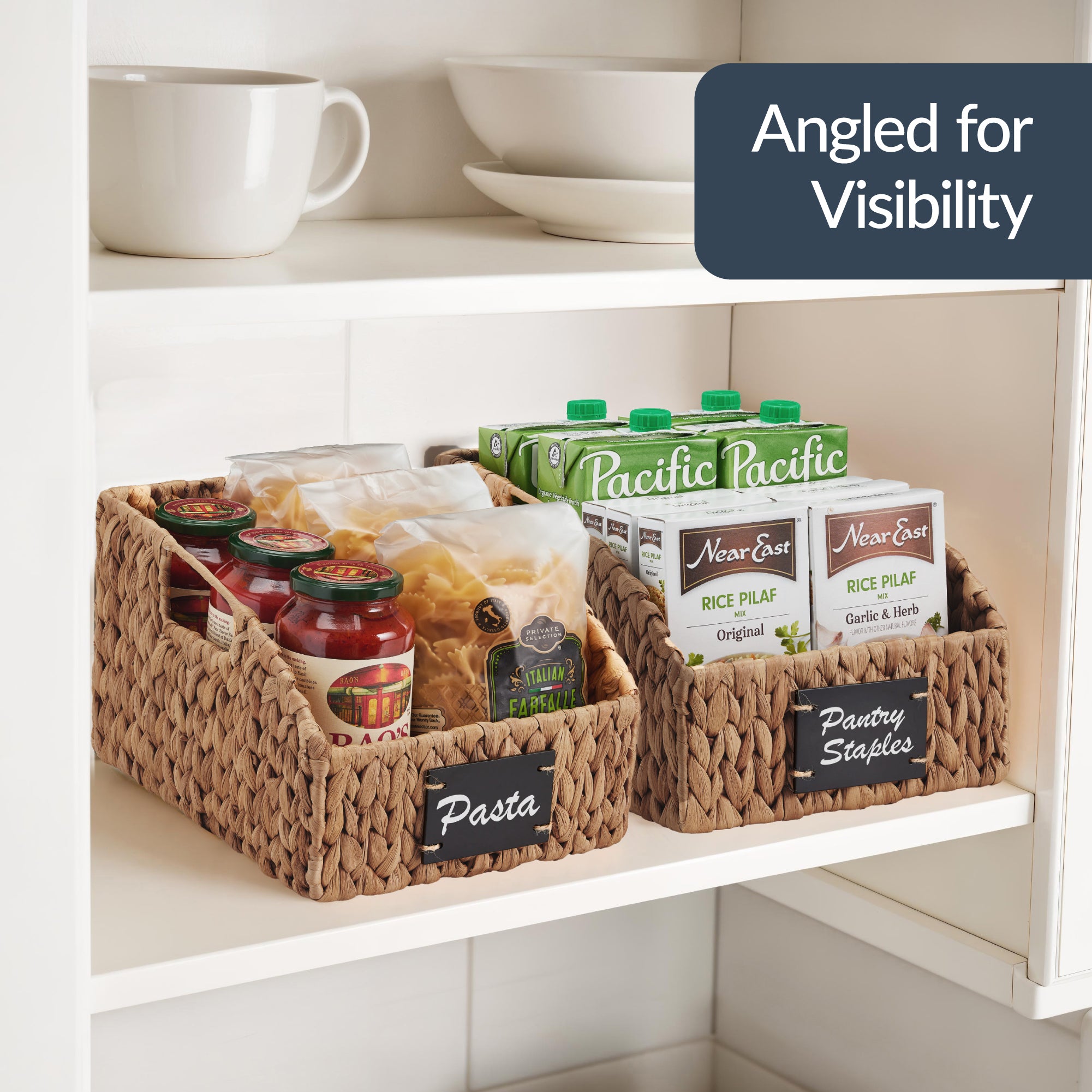 Hyacinth Angled Pantry Storage Baskets W/ Handles & Chalkboard (Pack of 2)
